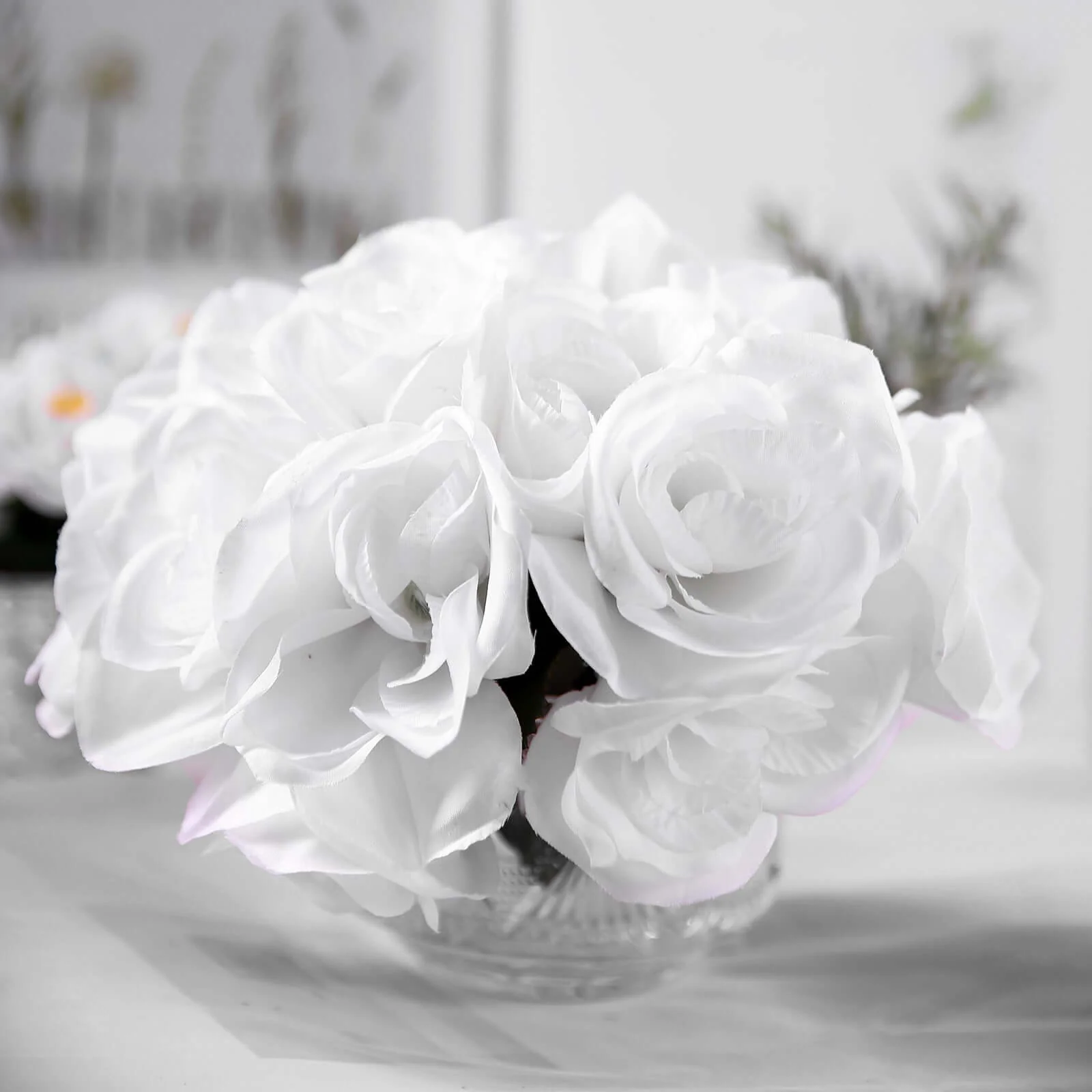 White Artificial Velvet-Like Fabric Rose Flower Bouquet Bush 12" - Image 8