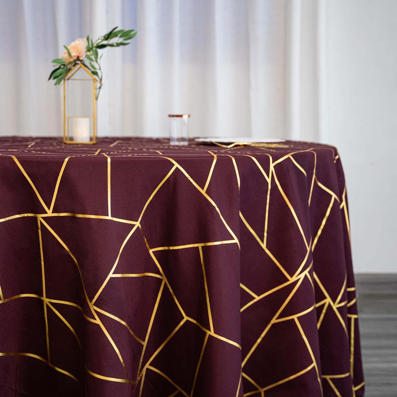 Burgundy Seamless Round Polyester Tablecloth With Gold Foil Geometric Pattern 120" for 5 Foot Table With Floor-Length Drop - Image 2