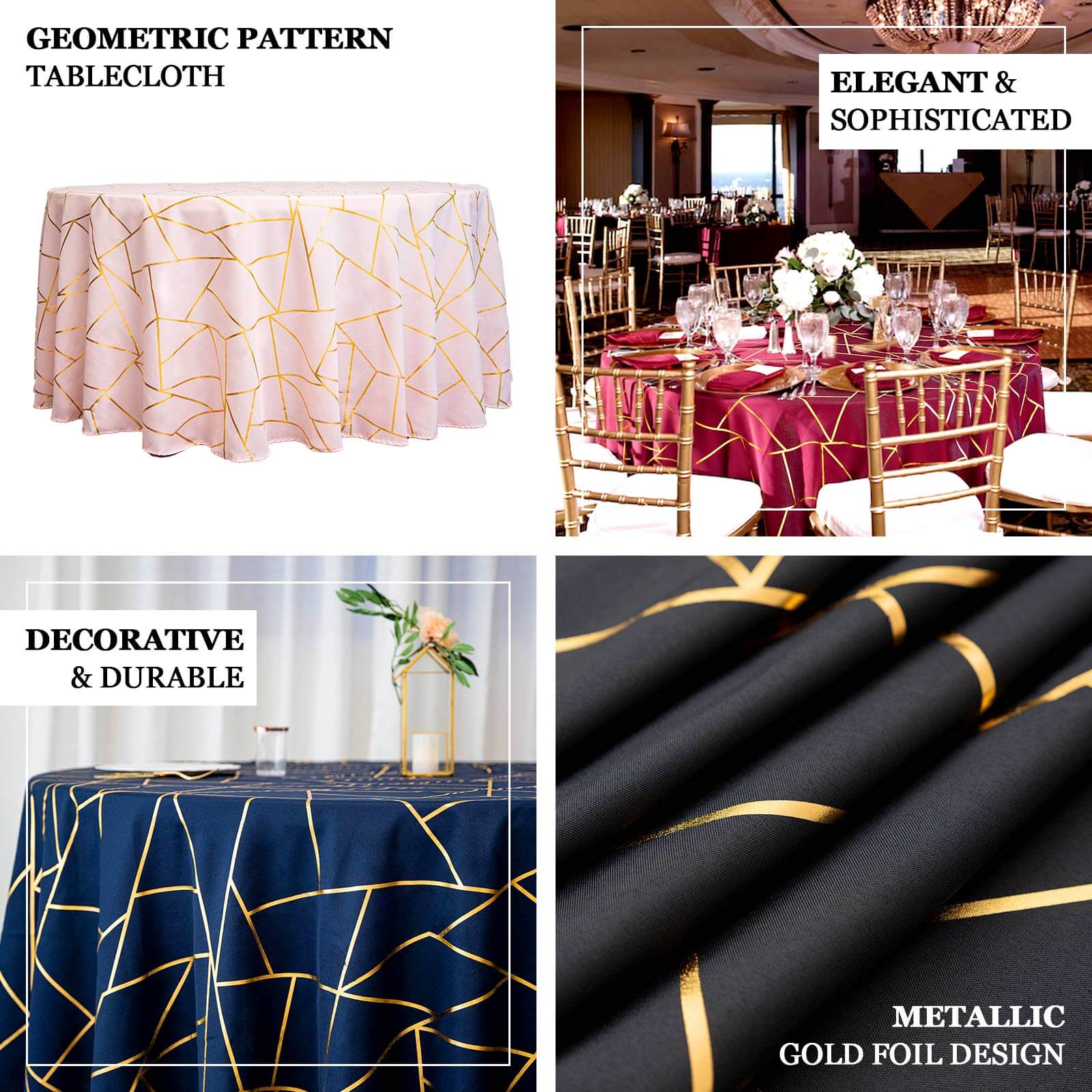Burgundy Seamless Round Polyester Tablecloth With Gold Foil Geometric Pattern 120" for 5 Foot Table With Floor-Length Drop - Image 3