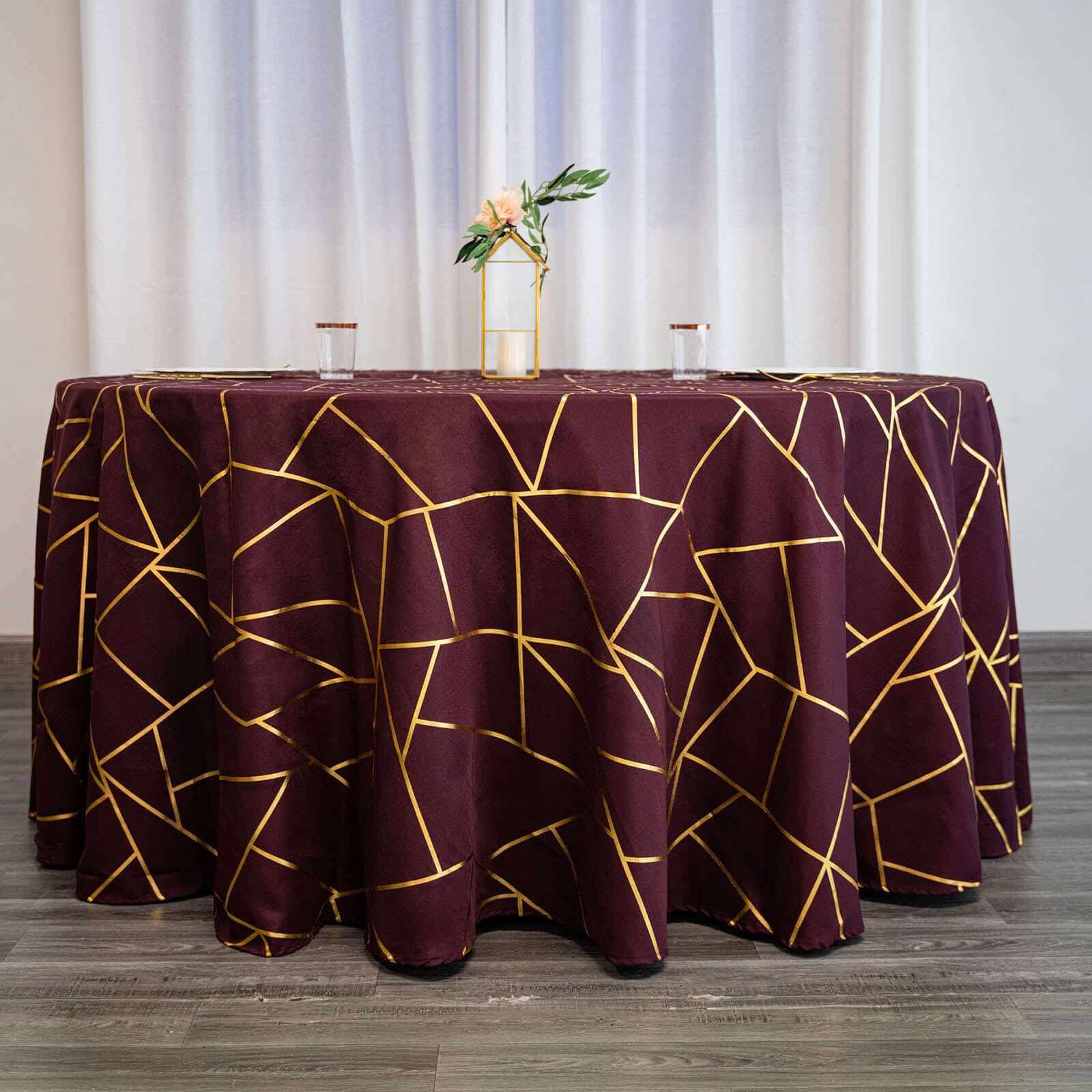 Burgundy Seamless Round Polyester Tablecloth With Gold Foil Geometric Pattern 120" for 5 Foot Table With Floor-Length Drop - Image 5