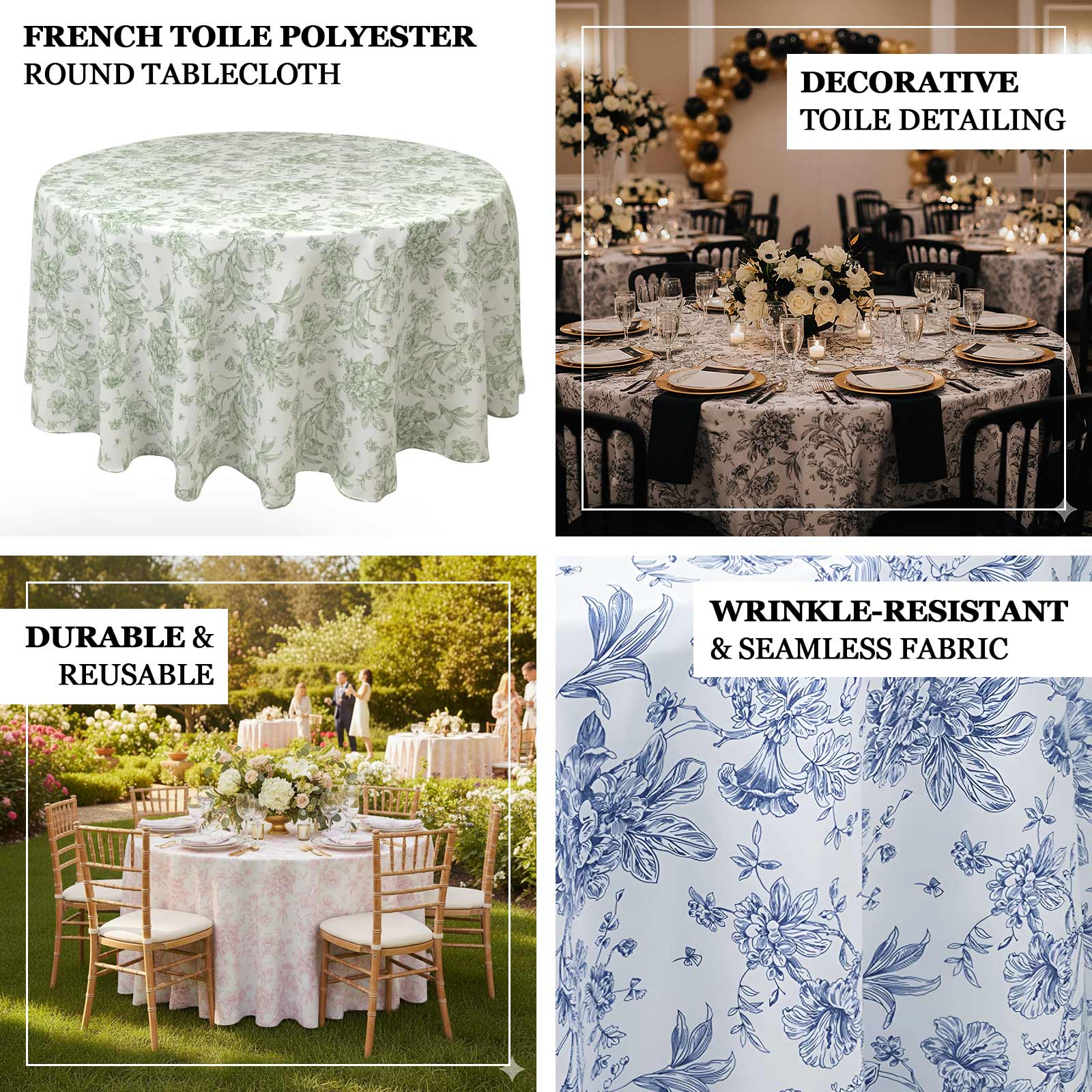 Polyester Round Tablecloth 120" White with Black French Toile Pattern - Sophisticated Table Cover for Chic Weddings & Events - Image 4