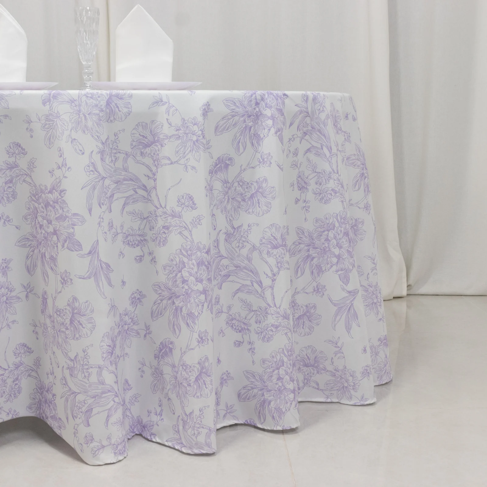 Polyester Round Tablecloth 120" White with Lavender Lilac French Toile Pattern - Sophisticated Table Cover for Chic Weddings & Events - Image 2
