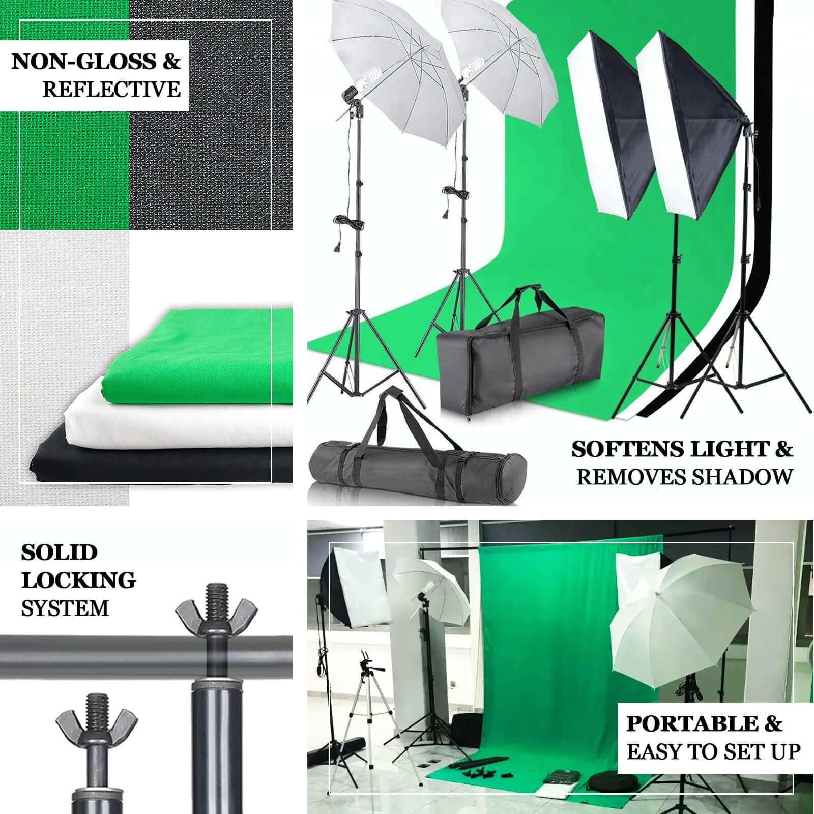 White Umbrella Continuous Lighting Photo Video Studio Kit With Soft Box Reflectors and Muslin Chromakey Backgrounds 1200W - Image 2