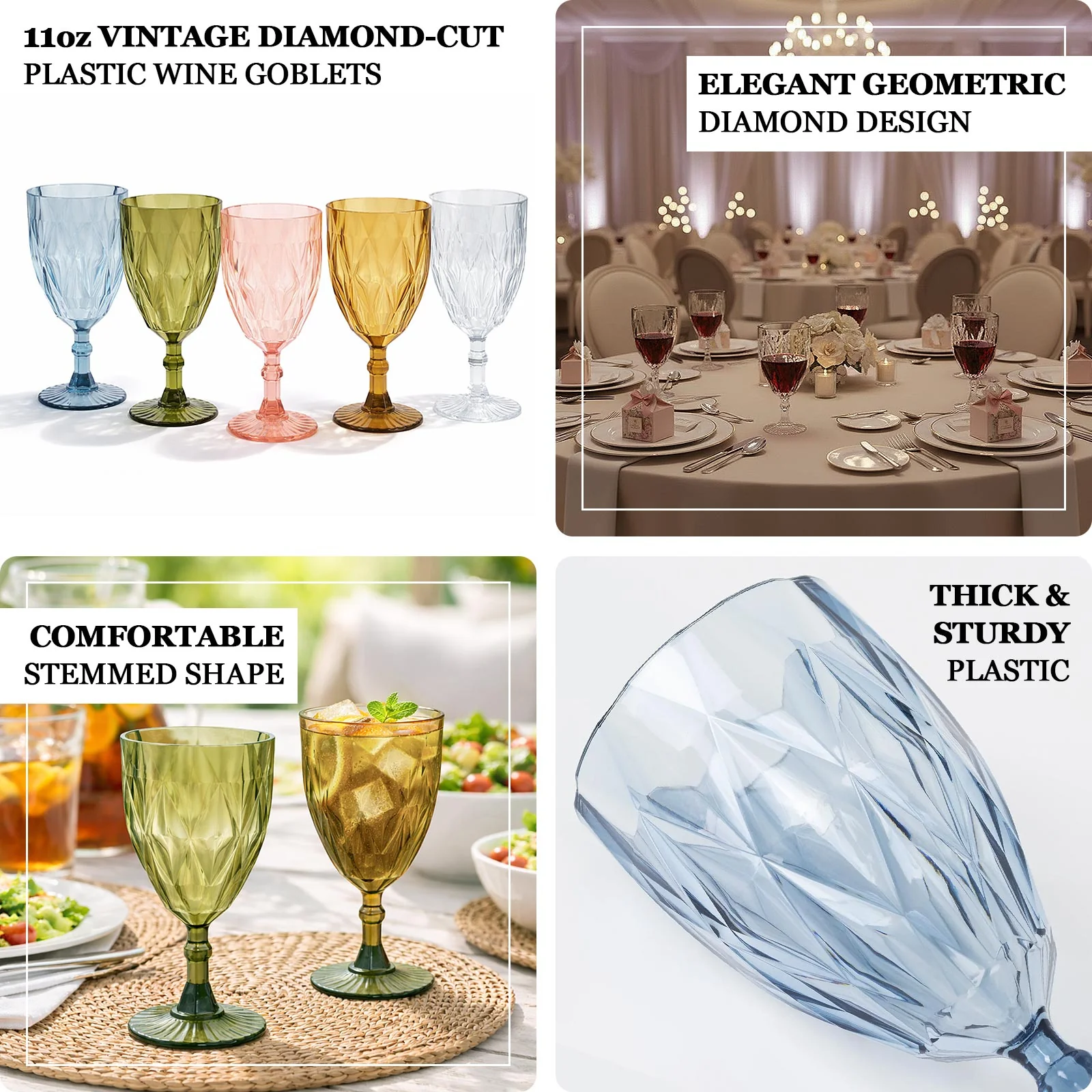 12 Pack Diamond Cut Vintage Plastic Wine Goblets – Clear 11oz Embossed Reusable Drink & Cocktail Glasses - Image 4