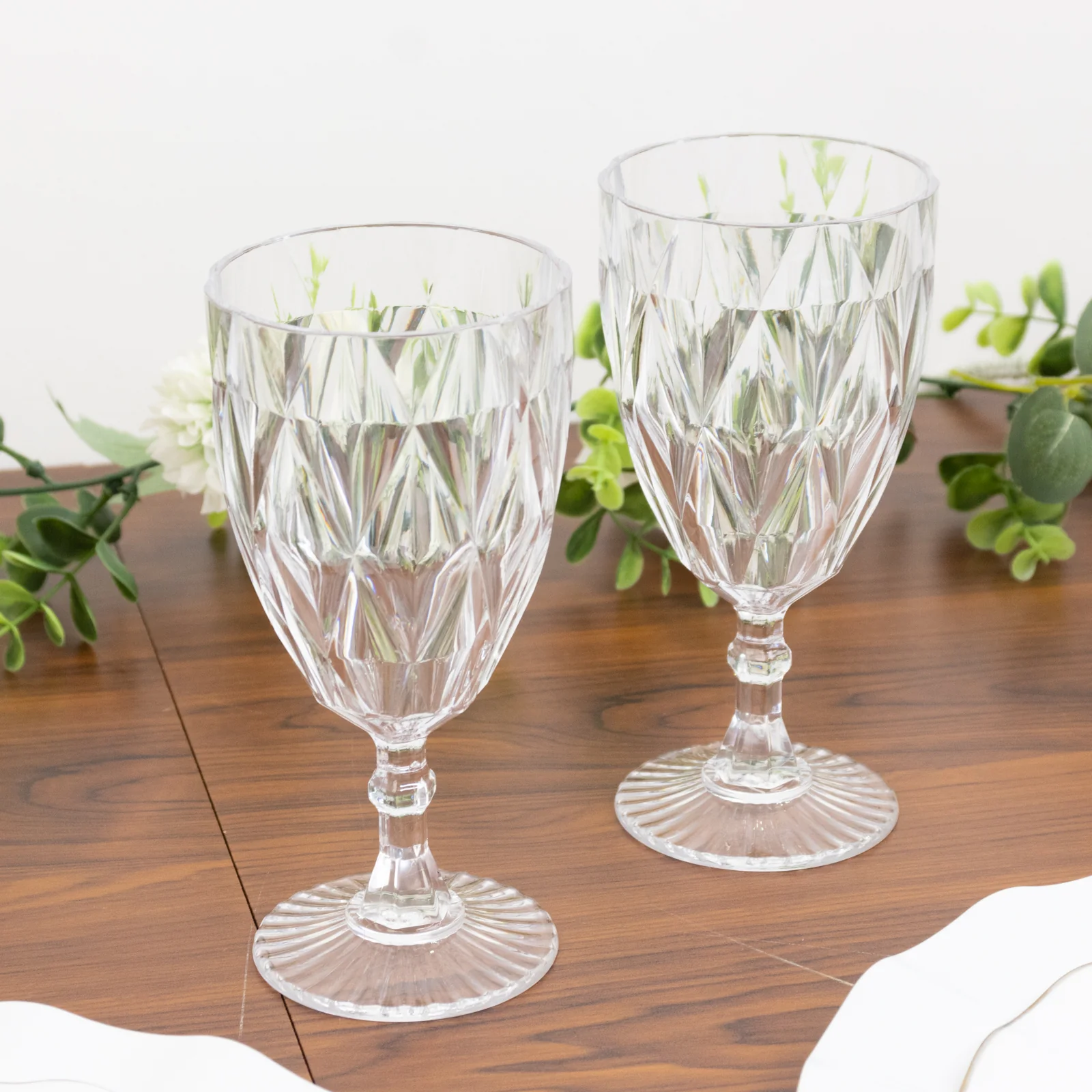 12 Pack Diamond Cut Vintage Plastic Wine Goblets – Clear 11oz Embossed Reusable Drink & Cocktail Glasses - Image 8
