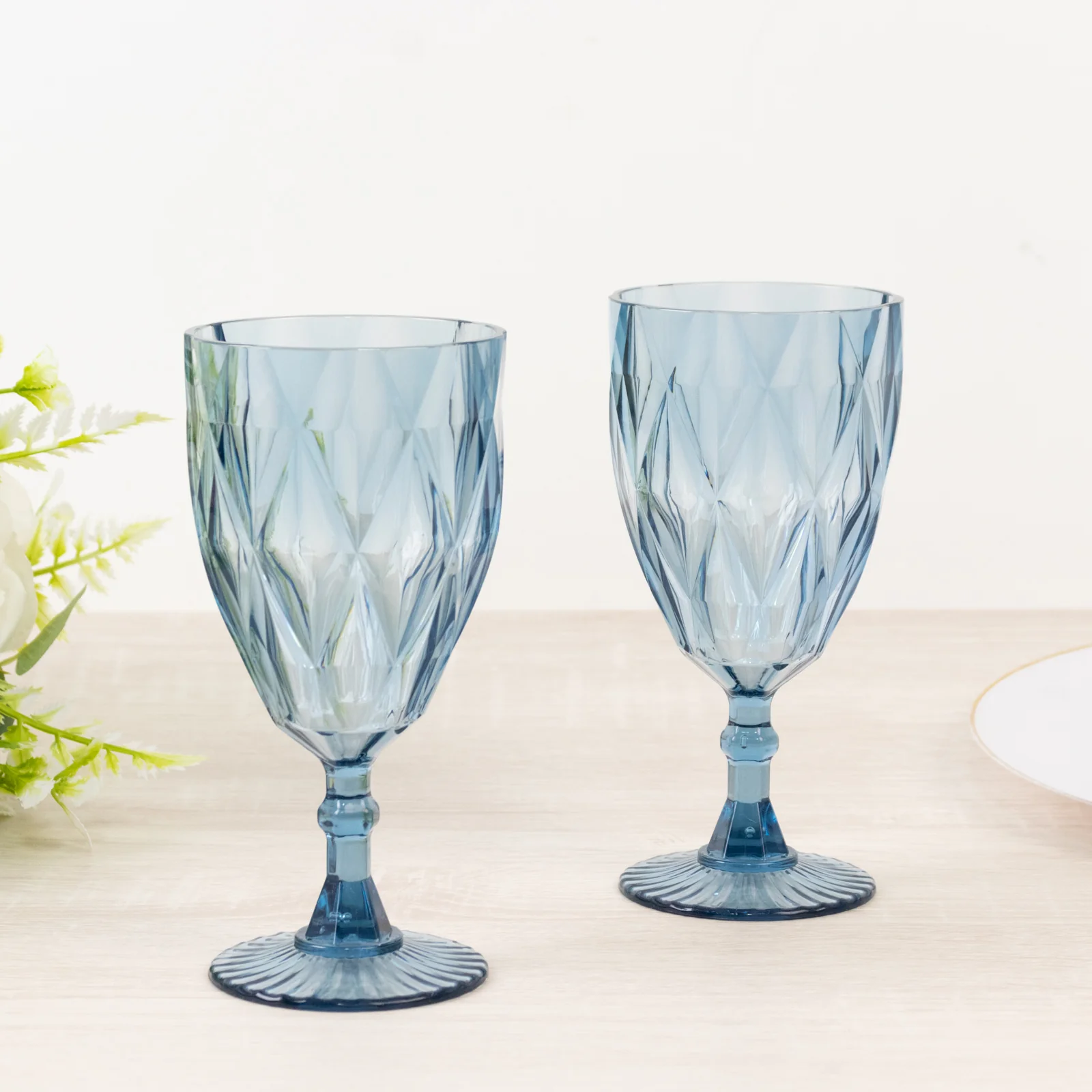12 Pack Diamond Cut Vintage Plastic Wine Goblets – Dusty Blue 11oz Embossed Reusable Drink & Cocktail Glasses - Image 8