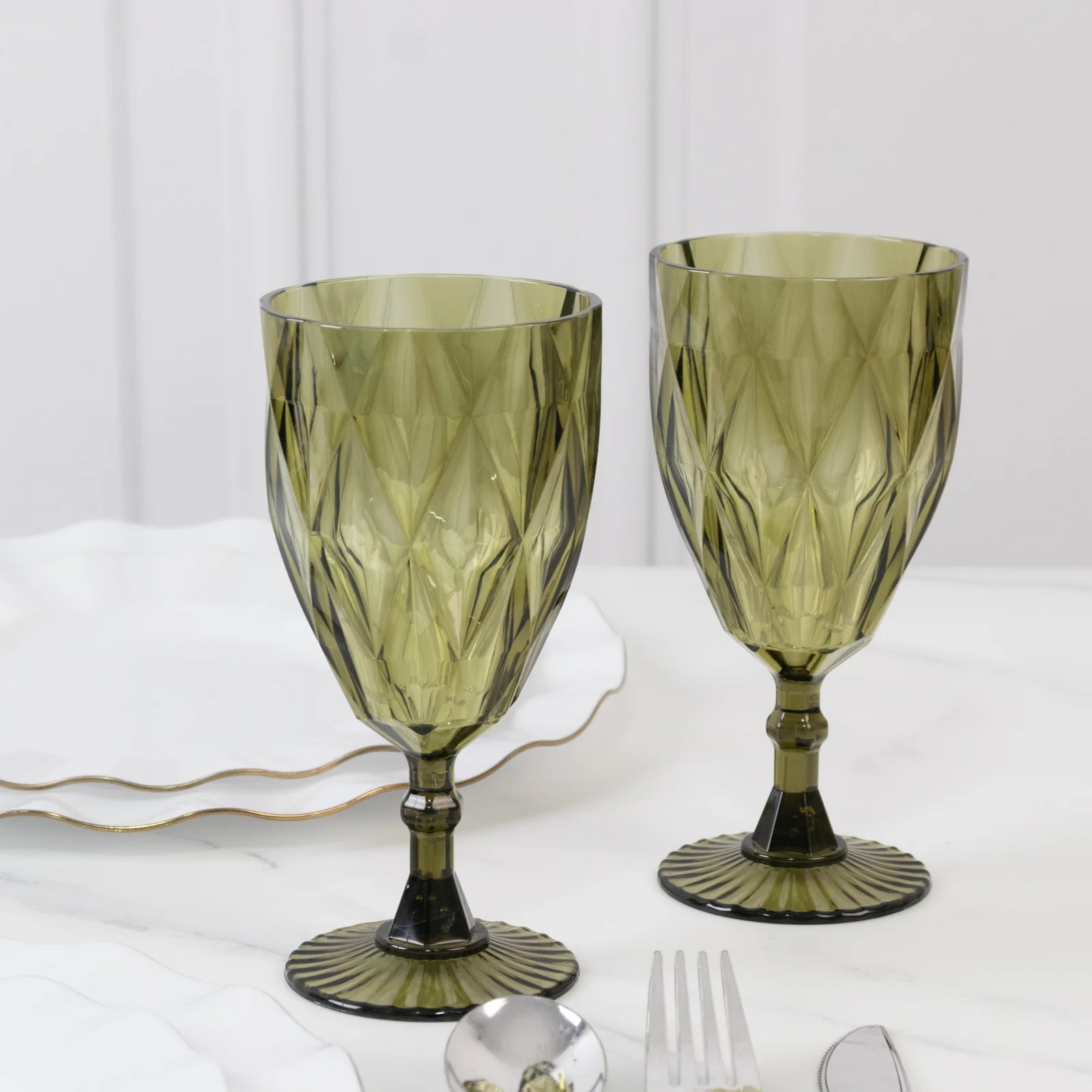 12 Pack Diamond Cut Vintage Plastic Wine Goblets – Dusty Sage Green 11oz Embossed Reusable Drink & Cocktail Glasses - Image 8