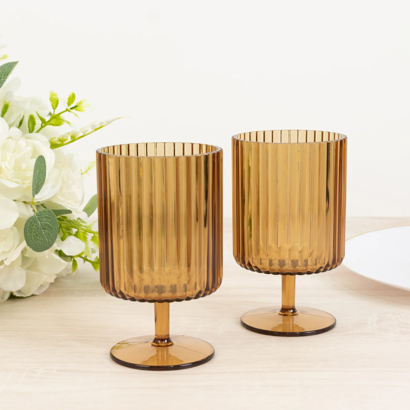12-Pack Amber Gold Plastic Wine Glasses 12oz, Vintage Ribbed Pattern Short Stemmed - Reusable Shatterproof Goblets - Image 7
