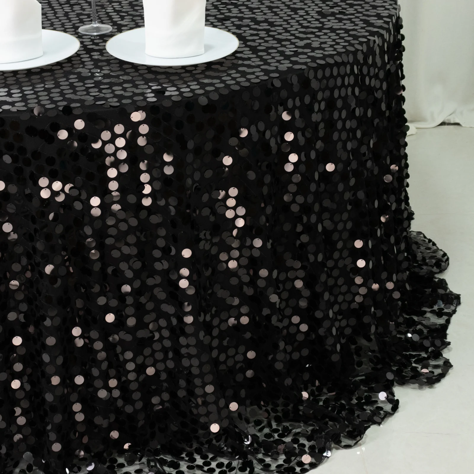 Sequin Round Tablecloth 132" Black - Big Payette Table Cover - Image 2