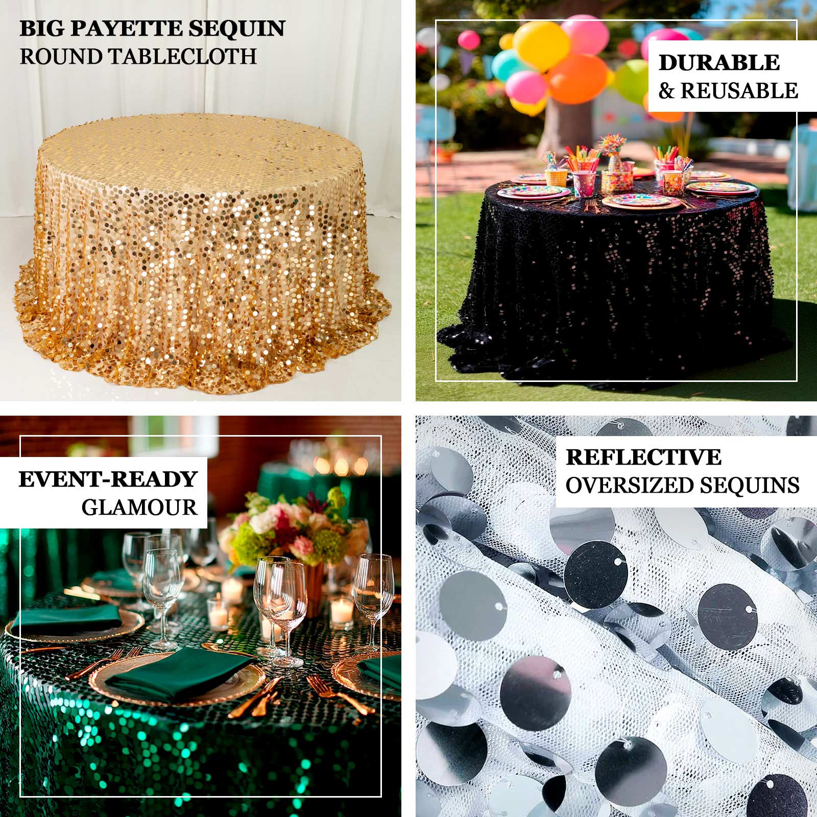 Sequin Round Tablecloth 132" Black - Big Payette Table Cover - Image 4