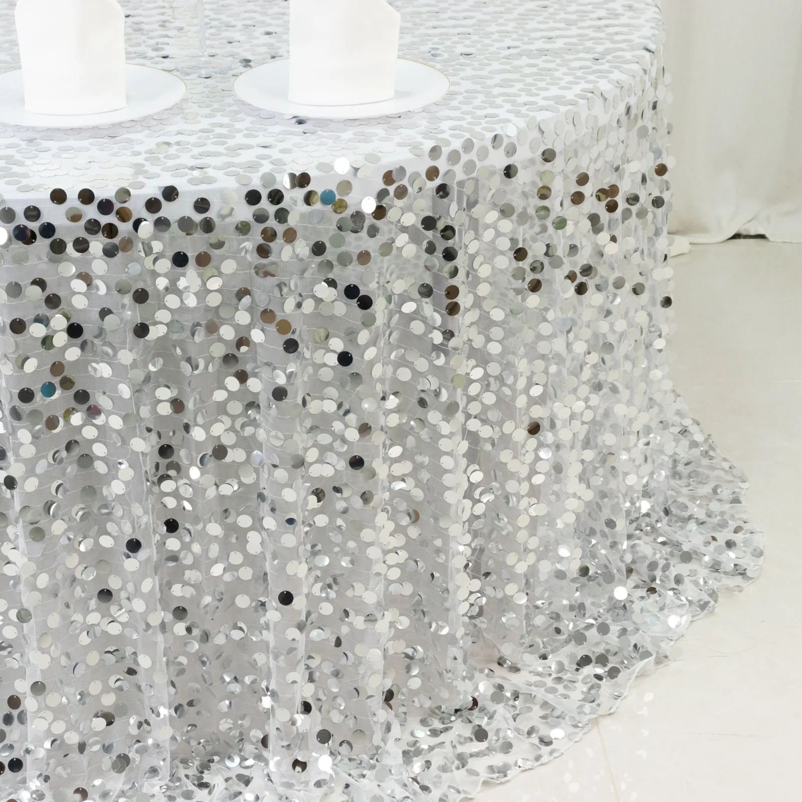 Sequin Round Tablecloth 132" Silver - Big Payette Table Cover - Image 2