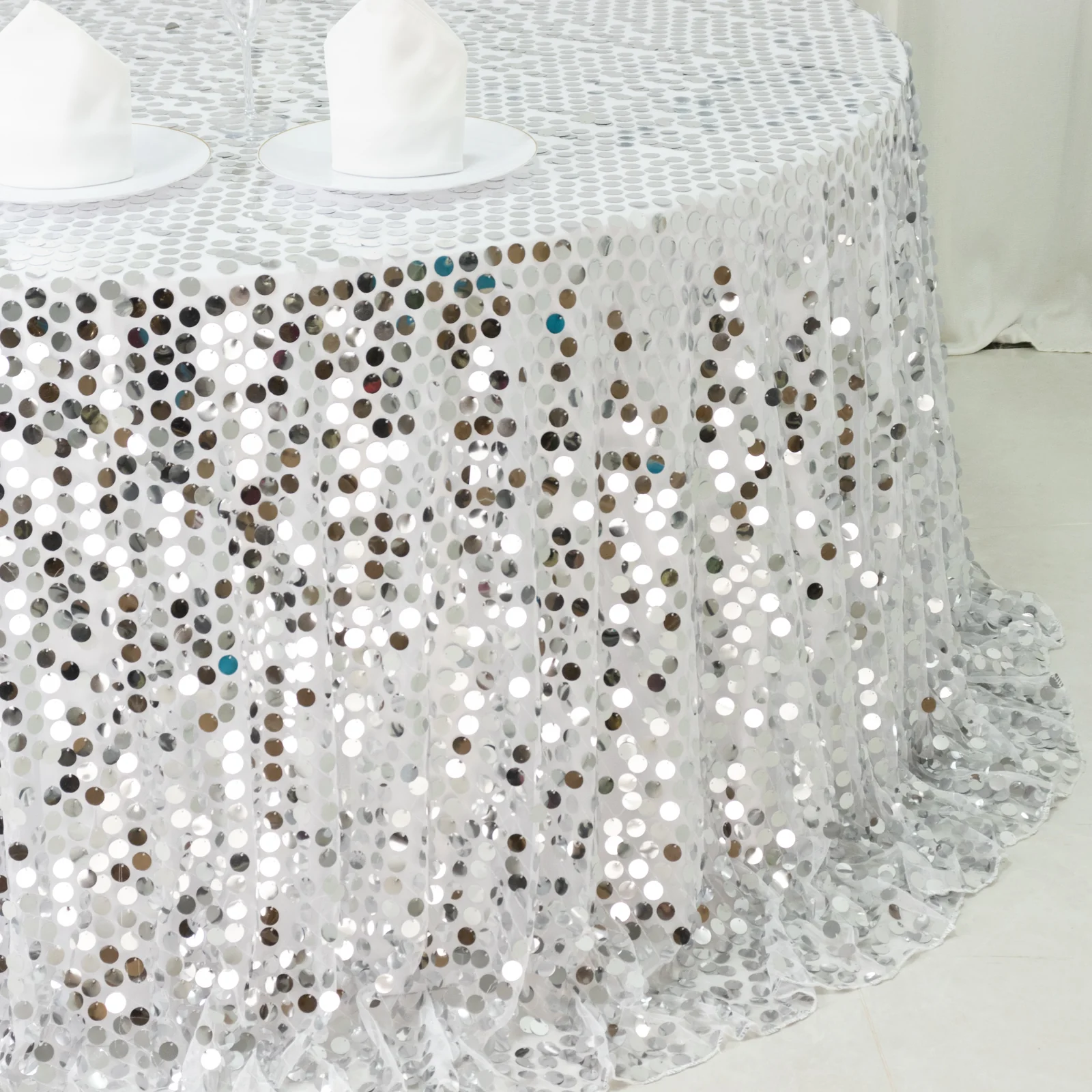Sequin Round Tablecloth 132" Silver - Big Payette Table Cover - Image 6