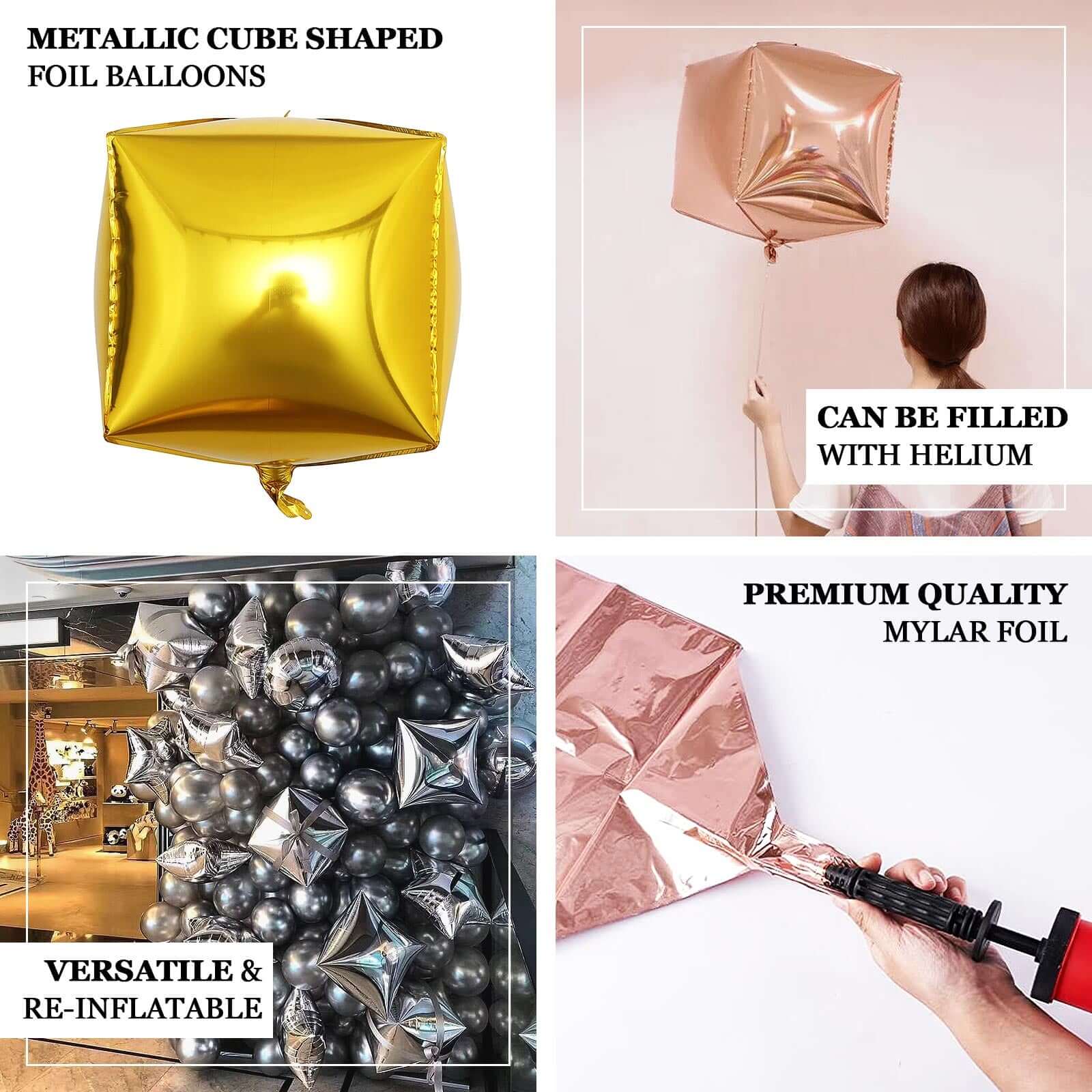 Gold Cube Mylar Balloons, 4D Square Foil Balloons 14" - Image 6