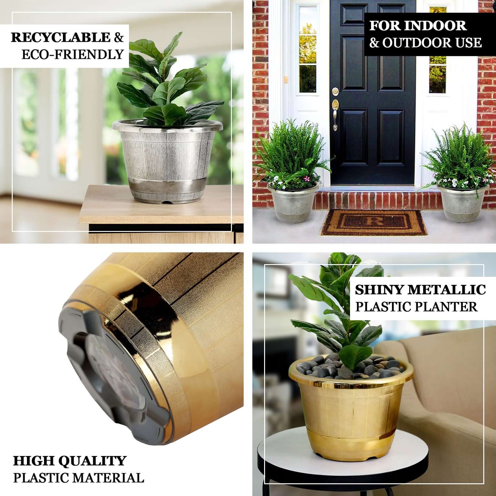 Gold Shiny Finished Rim Large Barrel Planter Pot, Indoor/Outdoor Decorative Flower Pot 14" - Image 4