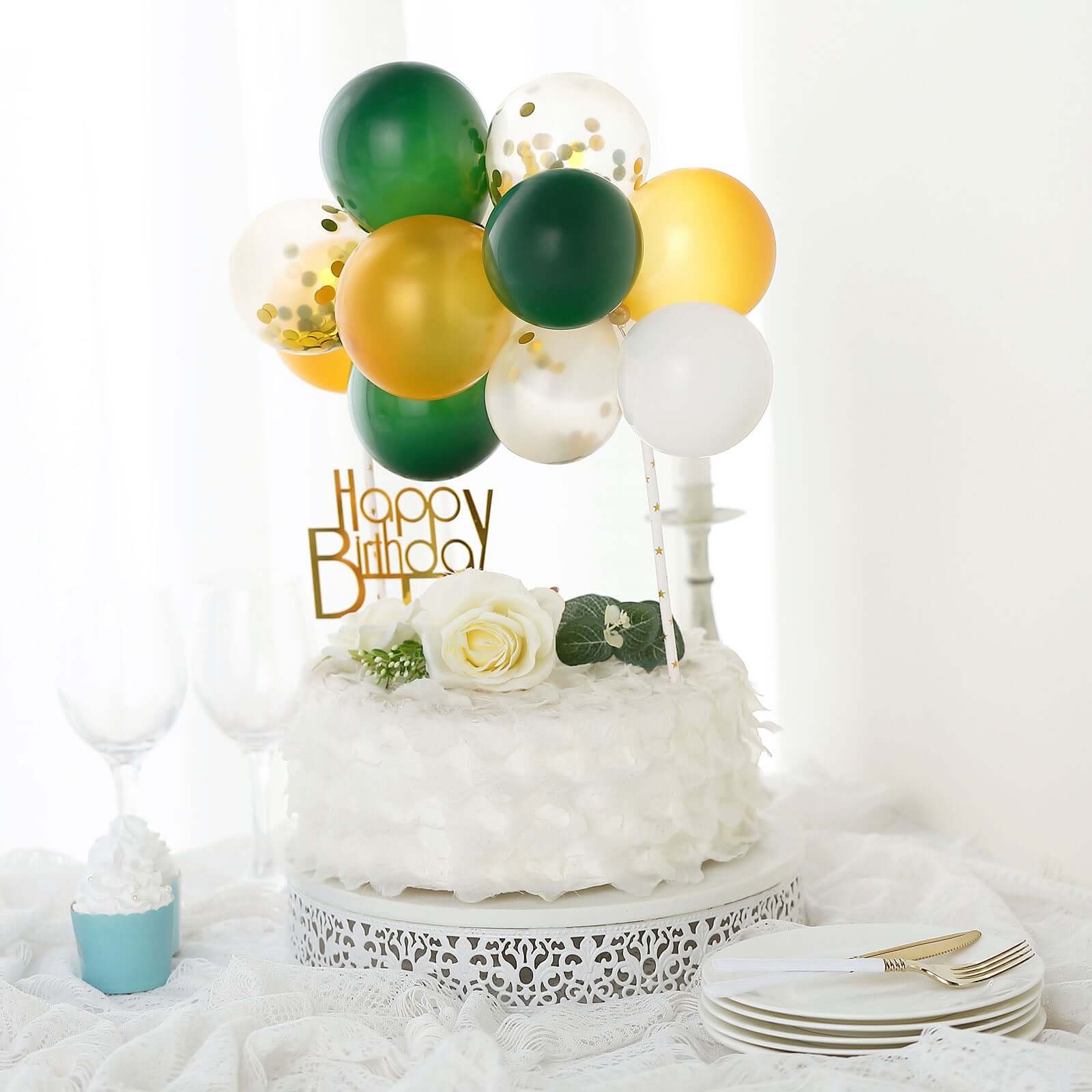 14 Pcs Confetti Balloon Cake Topper Clear, Gold, Hunter Green and White - Vibrant Clustered Mini Garland Cake Inserts for DIY Party Decorations - Image 8