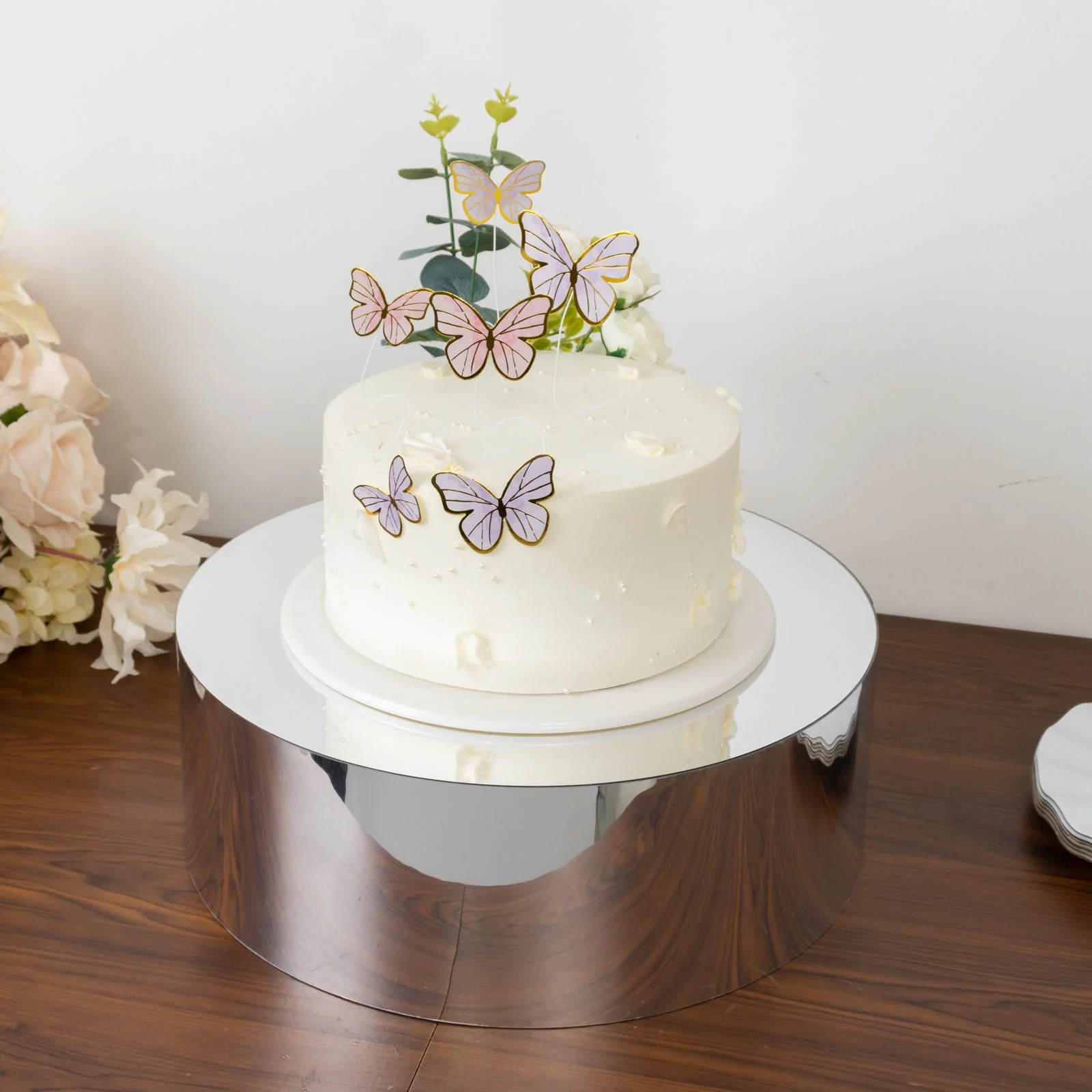 Acrylic Cake Stand 14" Round Display Box Mirror Finish Silver - Fillable Pedestal Riser with Hollow Bottom - Image 8