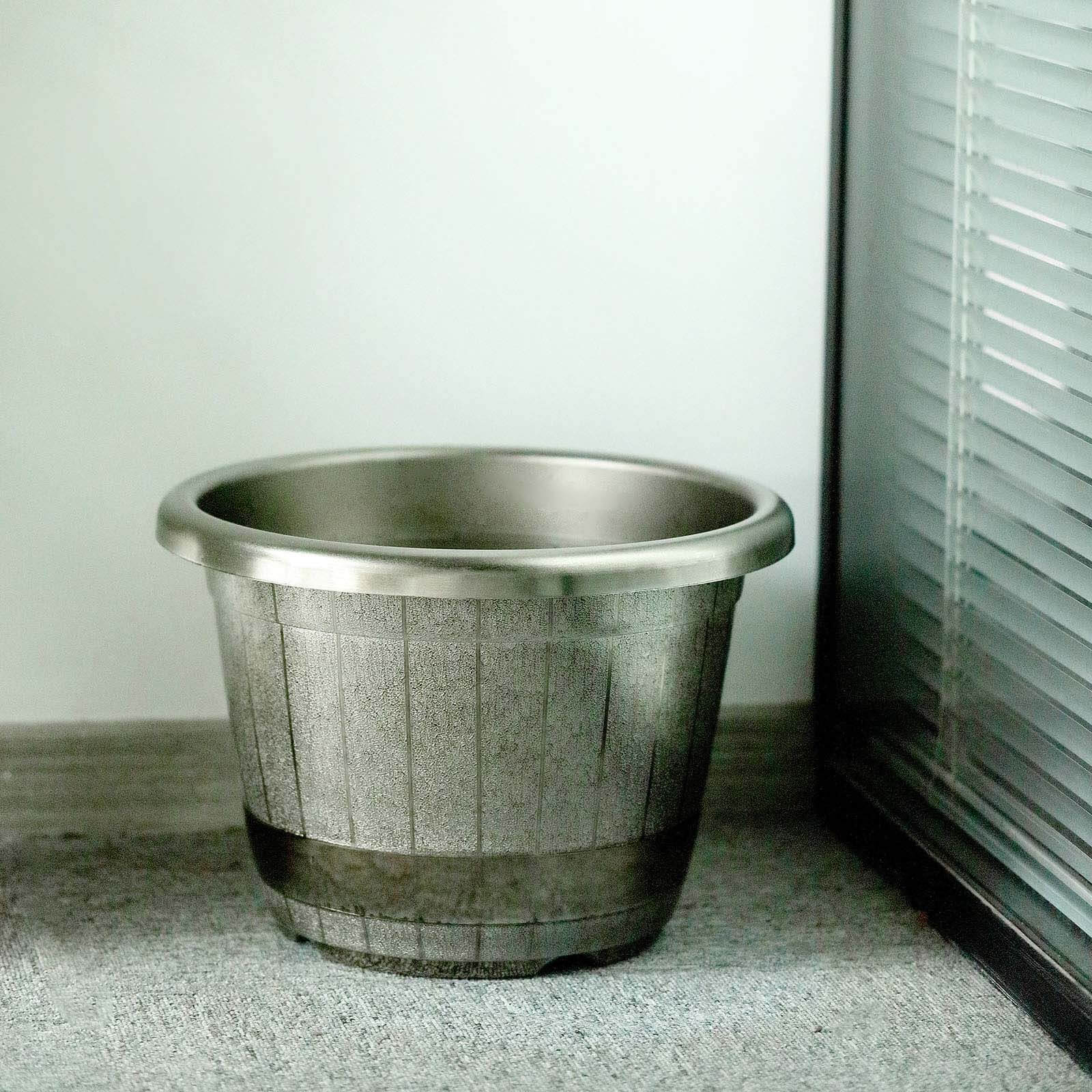 Silver Chrome Finished Rim Large Barrel Planter Pot, Indoor/Outdoor Decorative Flower Pot 14" - Image 13