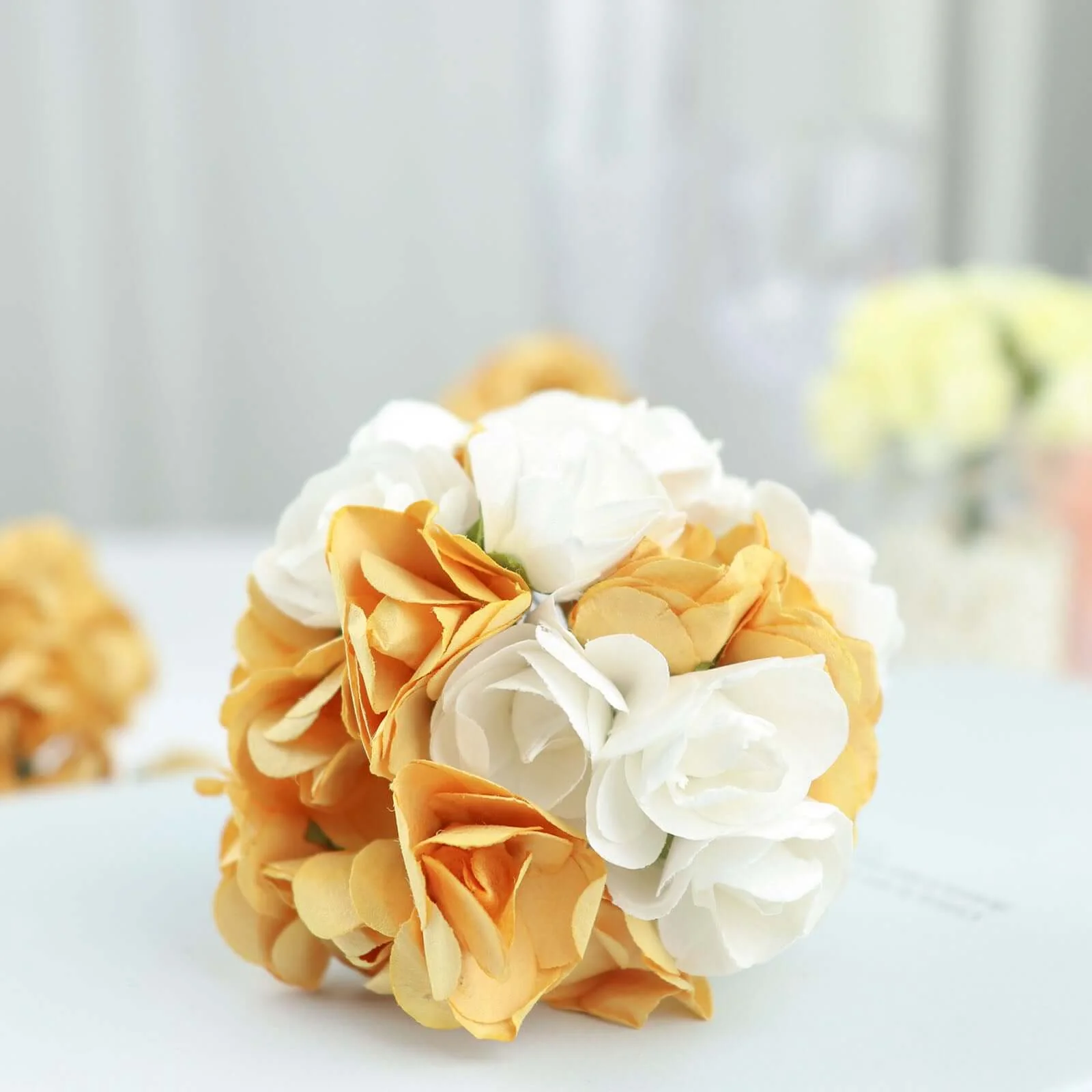 144 Gold Paper Mini Craft Flower Roses, DIY Flower Bushes With Wire Stems - Image 10
