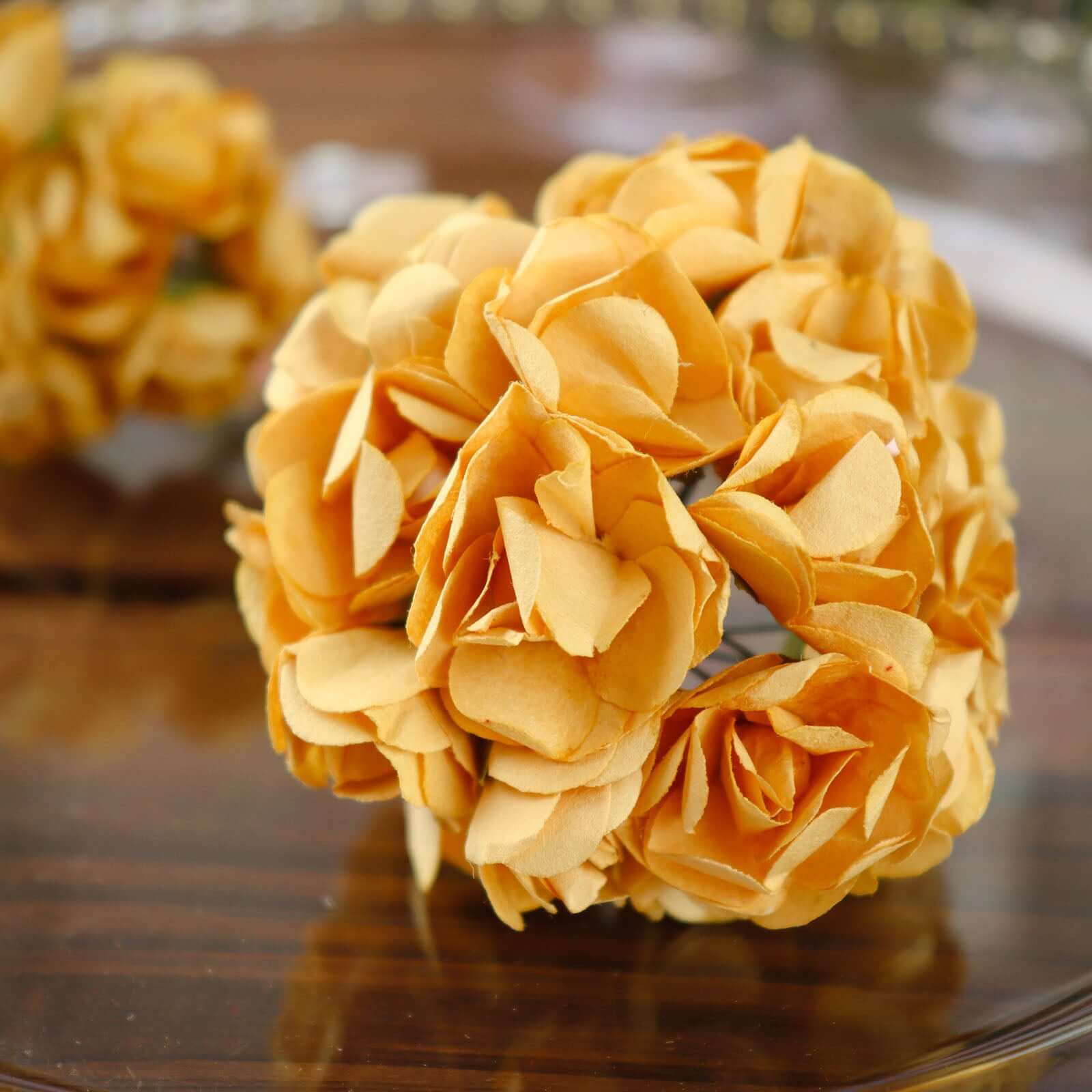 144 Gold Paper Mini Craft Flower Roses, DIY Flower Bushes With Wire Stems - Image 11