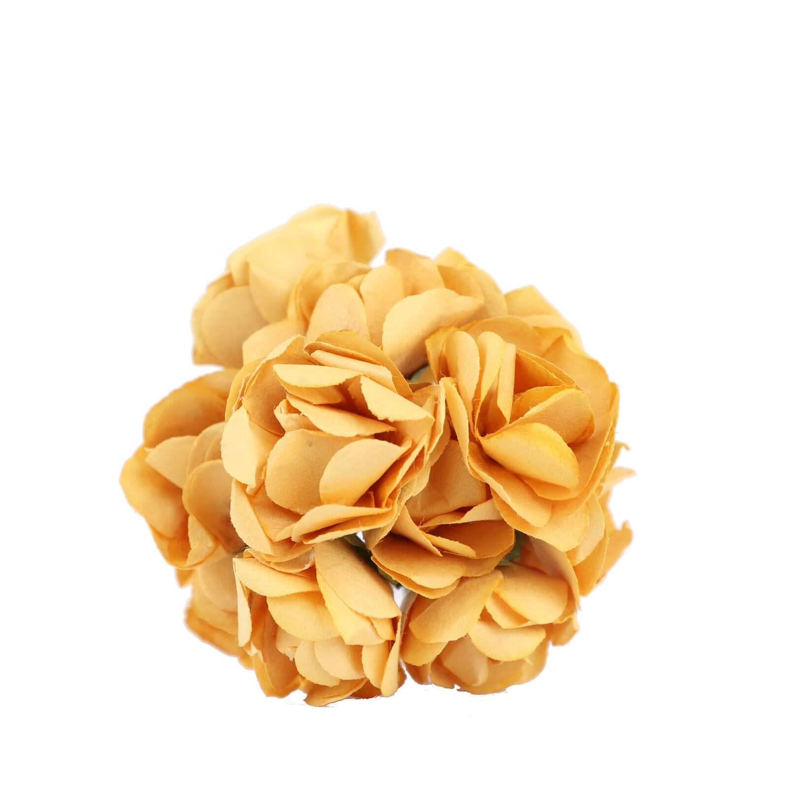 144 Gold Paper Mini Craft Flower Roses, DIY Flower Bushes With Wire Stems - Image 12