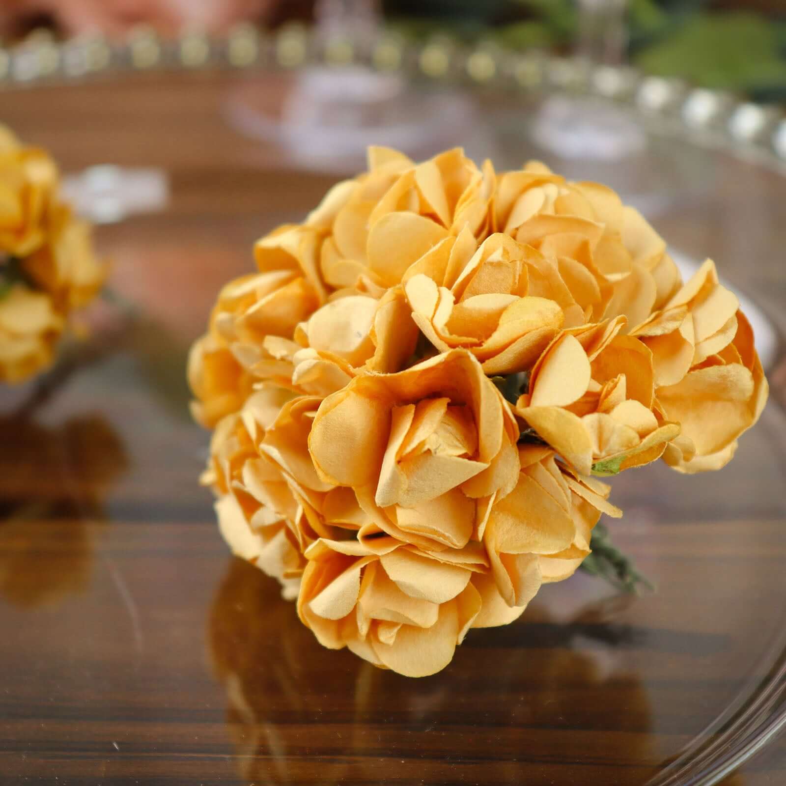 144 Gold Paper Mini Craft Flower Roses, DIY Flower Bushes With Wire Stems - Image 13