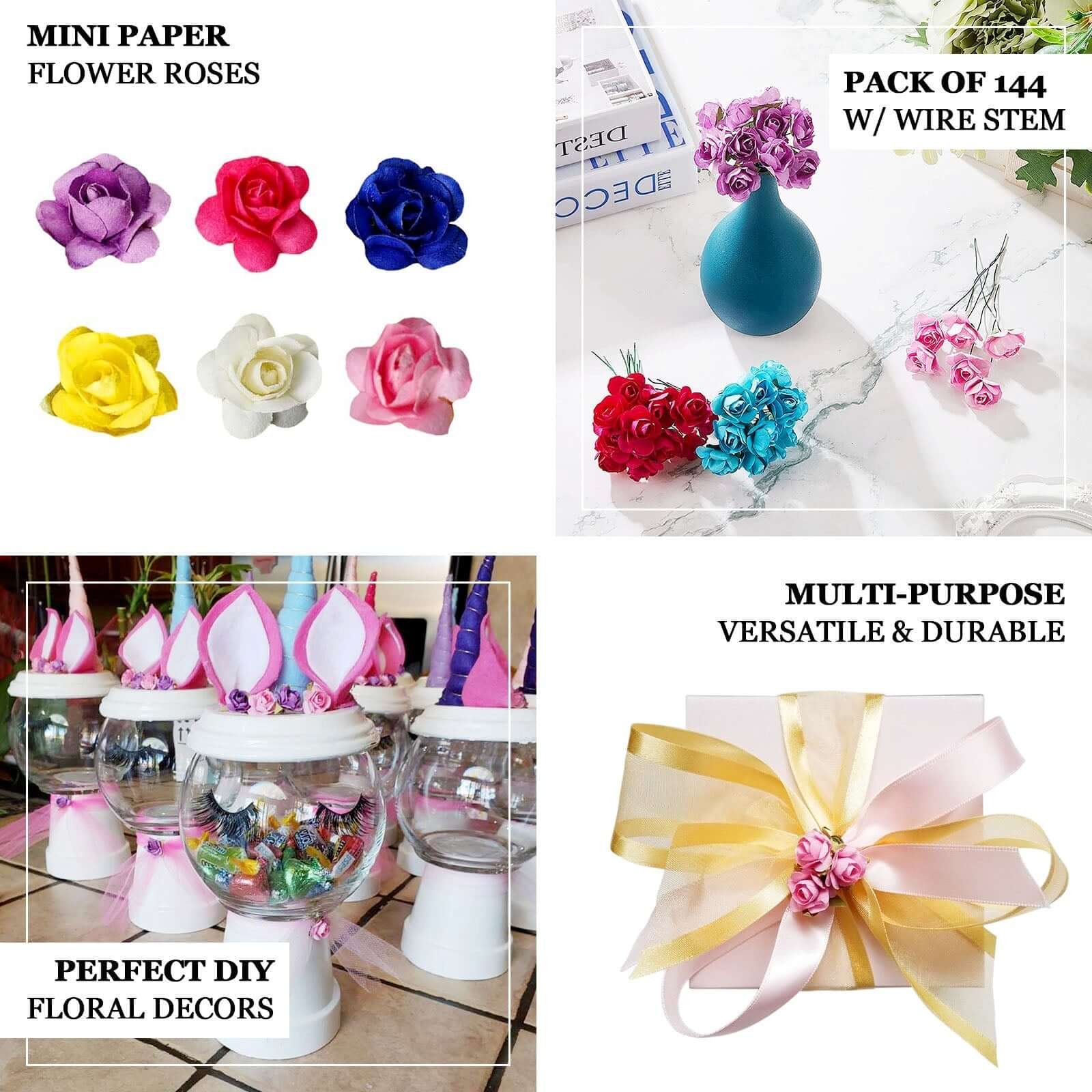144 Gold Paper Mini Craft Flower Roses, DIY Flower Bushes With Wire Stems - Image 14