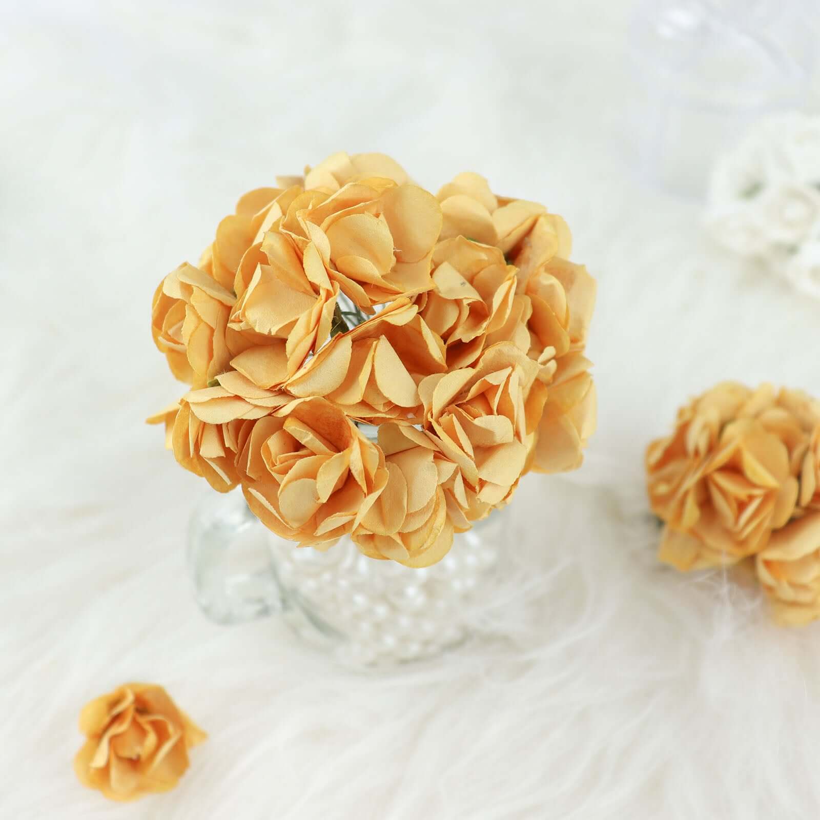 144 Gold Paper Mini Craft Flower Roses, DIY Flower Bushes With Wire Stems - Image 8