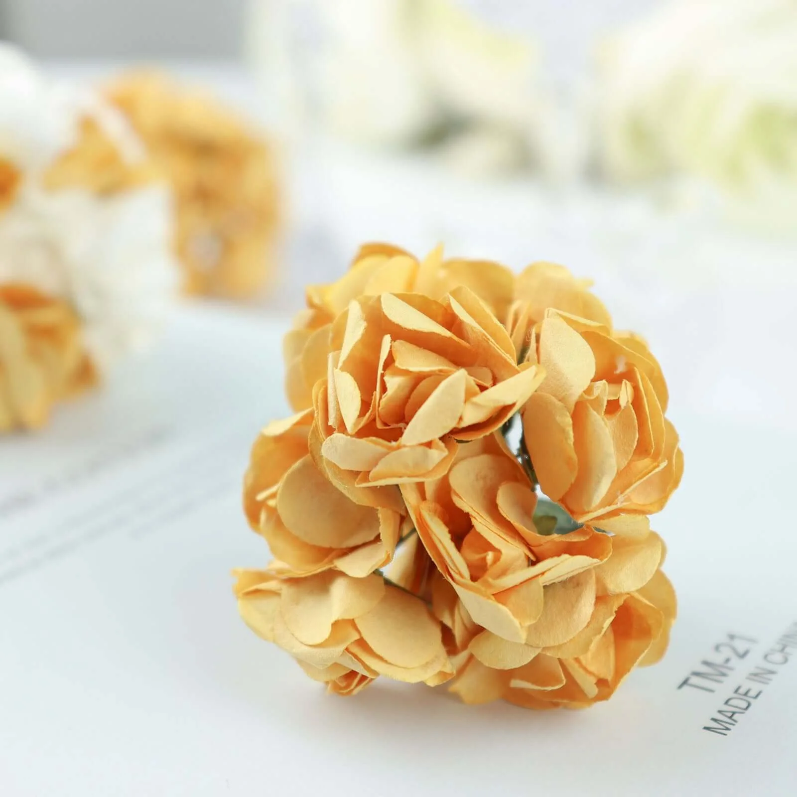 144 Gold Paper Mini Craft Flower Roses, DIY Flower Bushes With Wire Stems - Image 9
