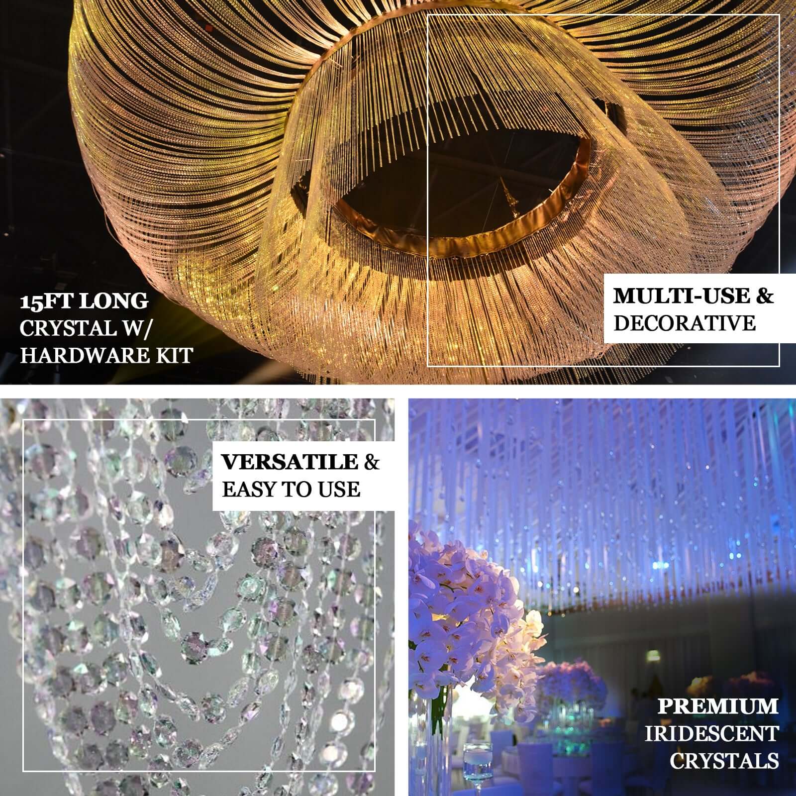 15 Strands Crystal Beaded Ceiling Garland String Drape Curtains and Hanging Kit 15ft - Image 4