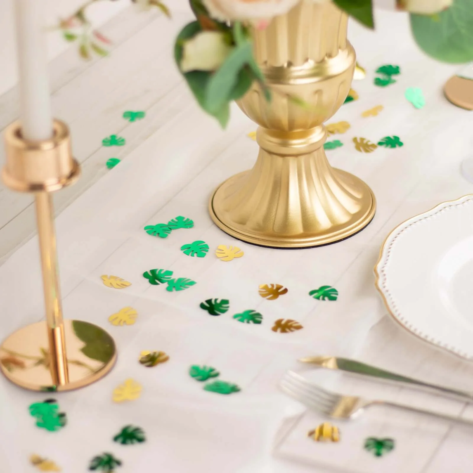 15G Bag Metallic Green and Gold Tropical Palm Leaf Table Confetti, Shiny Monstera Leaves Party Scatters - Vibrant and Eye-Catching Design - Image 2