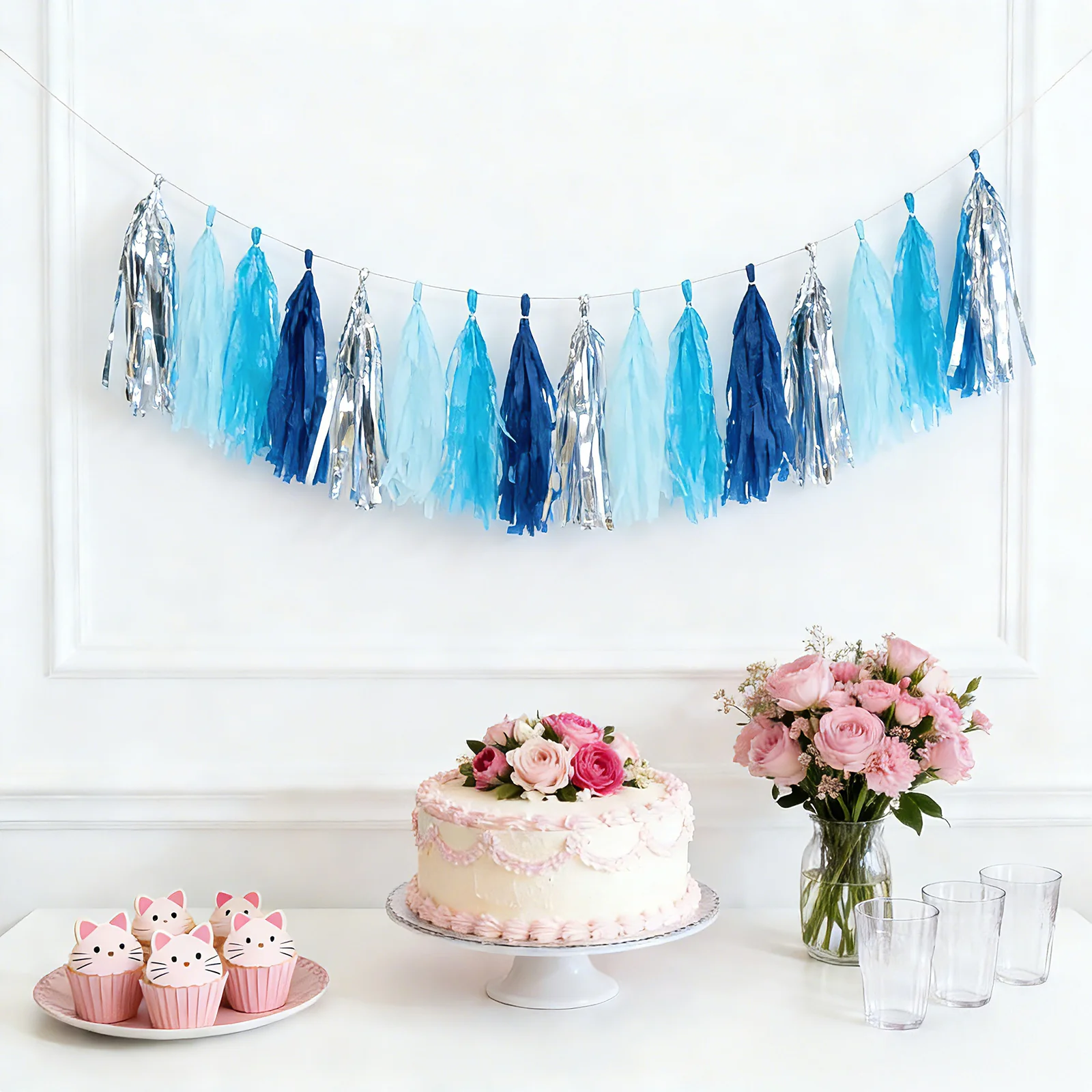 16 Pack Pre-Tied Foil Tassel Garland Party Decoration – Blue & Silver Paper Tassels with 10ft Hanging String - Image 6