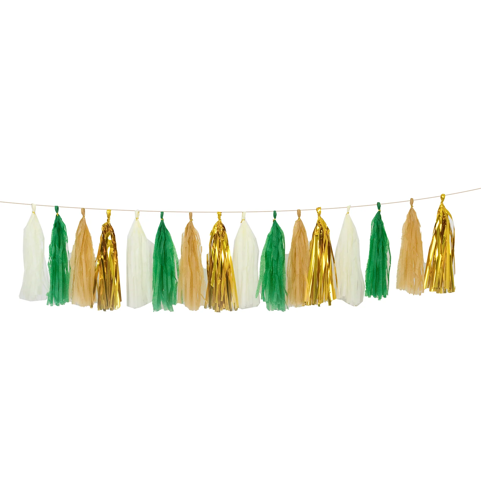 16 Pack Pre-Tied Foil Tassel Garland Party Decoration – Gold & Green Paper Tassels with 10ft Hanging String - Image 2
