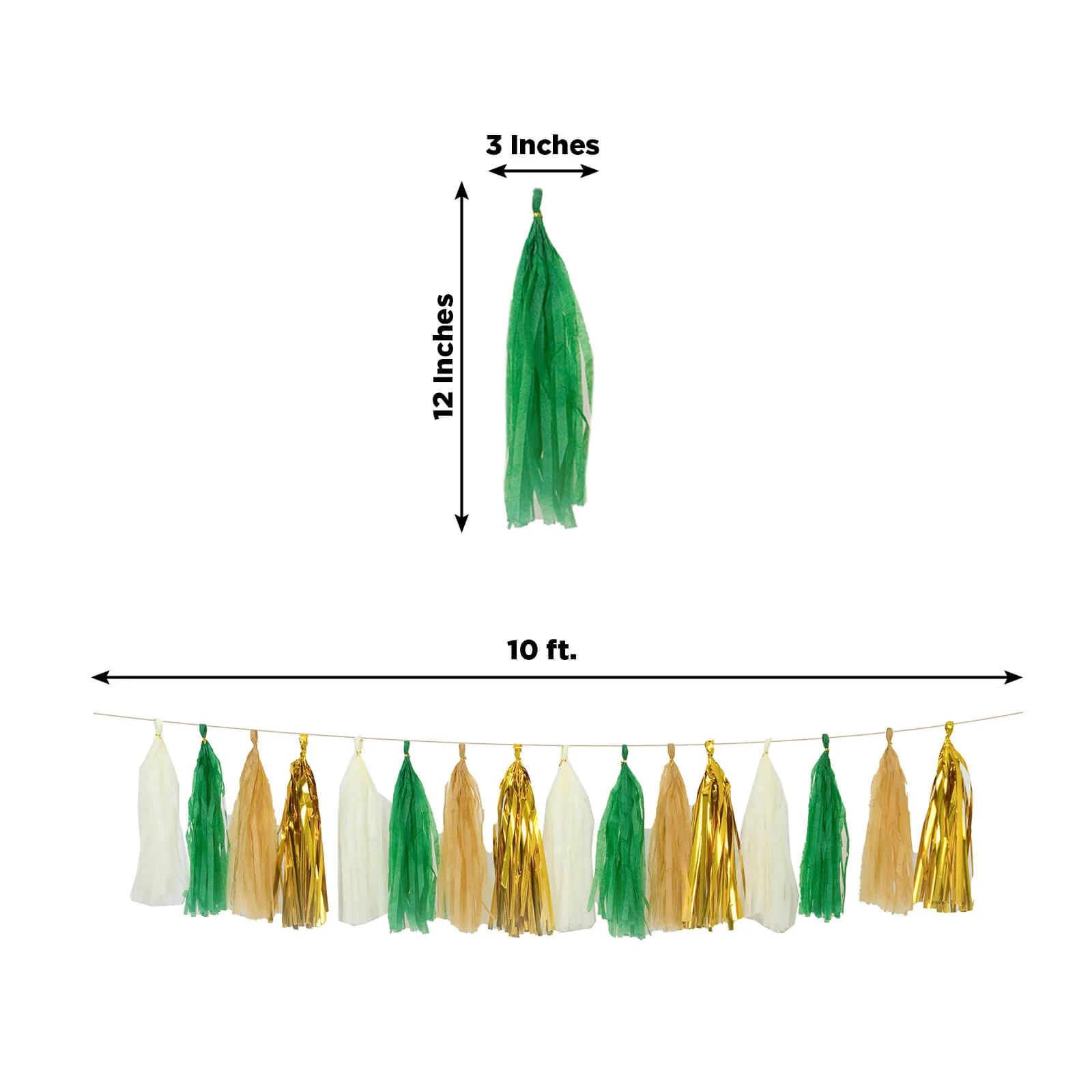 16 Pack Pre-Tied Foil Tassel Garland Party Decoration – Gold & Green Paper Tassels with 10ft Hanging String - Image 3