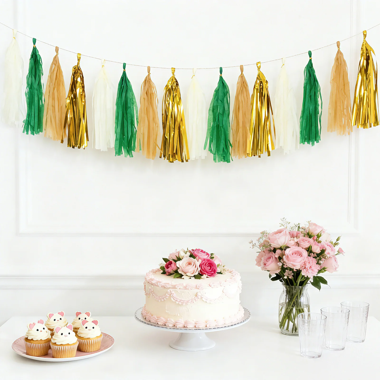 16 Pack Pre-Tied Foil Tassel Garland Party Decoration – Gold & Green Paper Tassels with 10ft Hanging String - Image 6