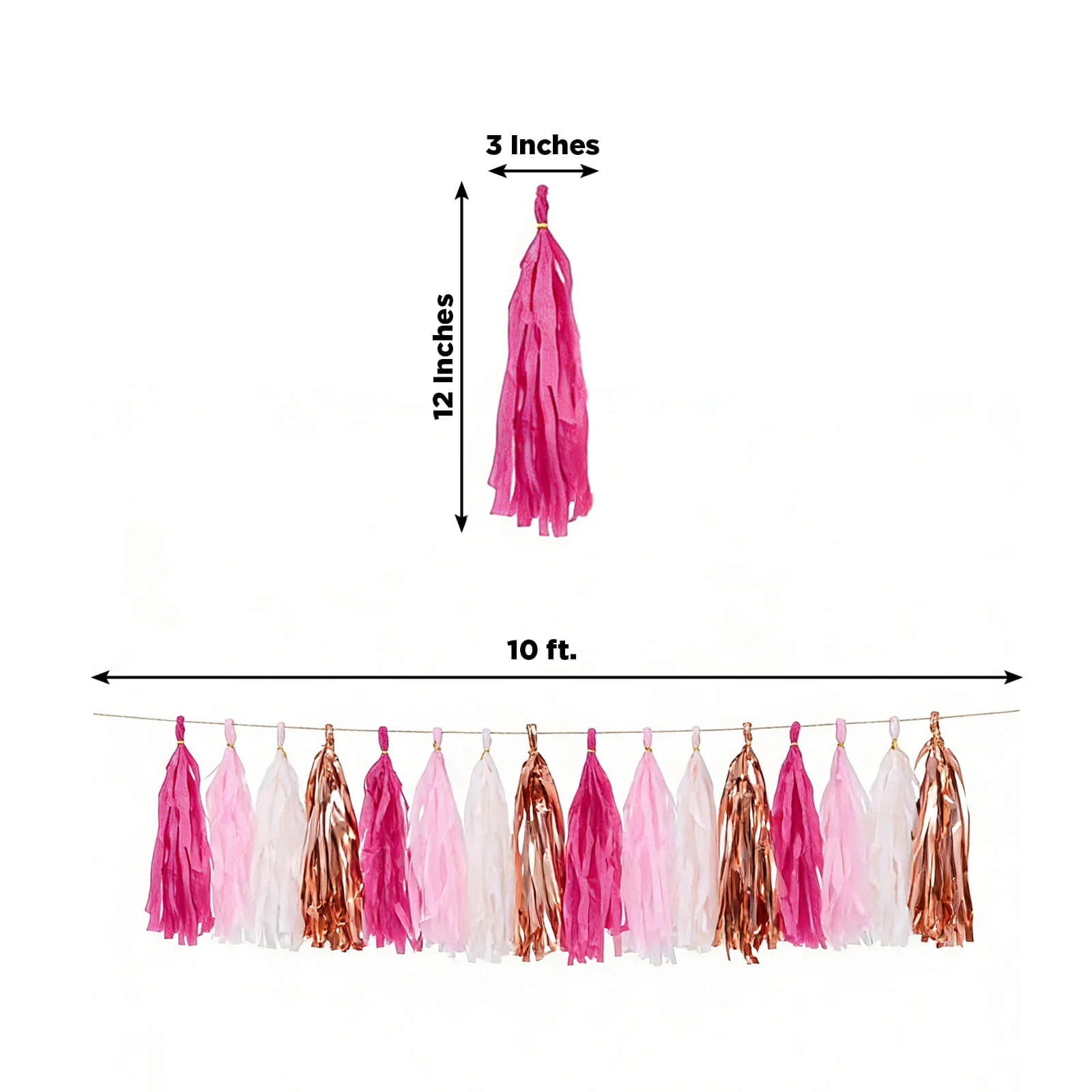 16 Pack Pre-Tied Foil Tassel Garland Party Decoration – Pink & Rose Gold Paper Tassels with 10ft Hanging String - Image 3