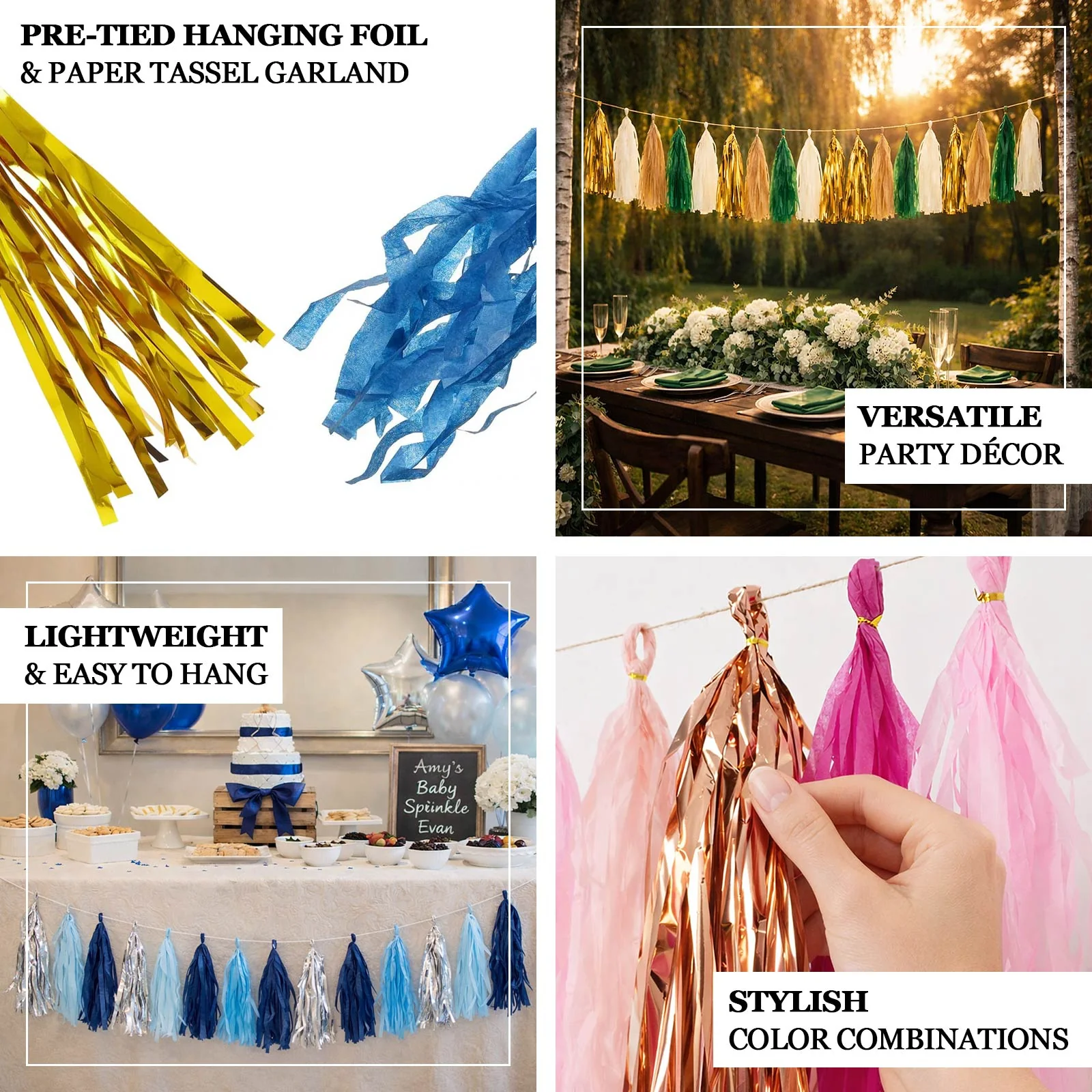 16 Pack Pre-Tied Foil Tassel Garland Party Decoration – Pink & Rose Gold Paper Tassels with 10ft Hanging String - Image 4