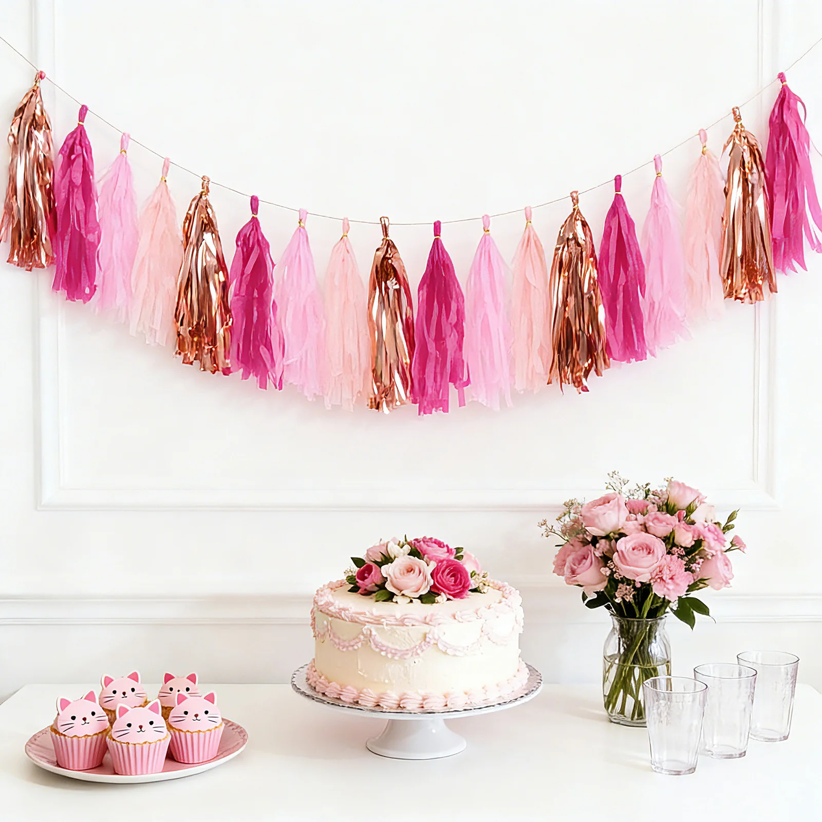 16 Pack Pre-Tied Foil Tassel Garland Party Decoration – Pink & Rose Gold Paper Tassels with 10ft Hanging String - Image 6
