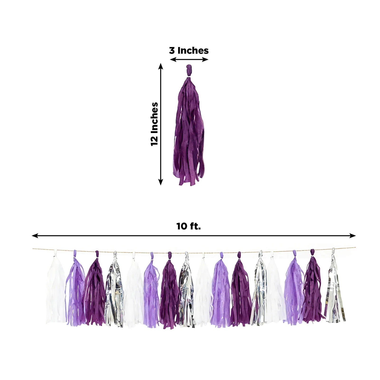 16 Pack Pre-Tied Foil Tassel Garland Party Decoration – Purple & Silver Paper Tassels with 10ft Hanging String - Image 3