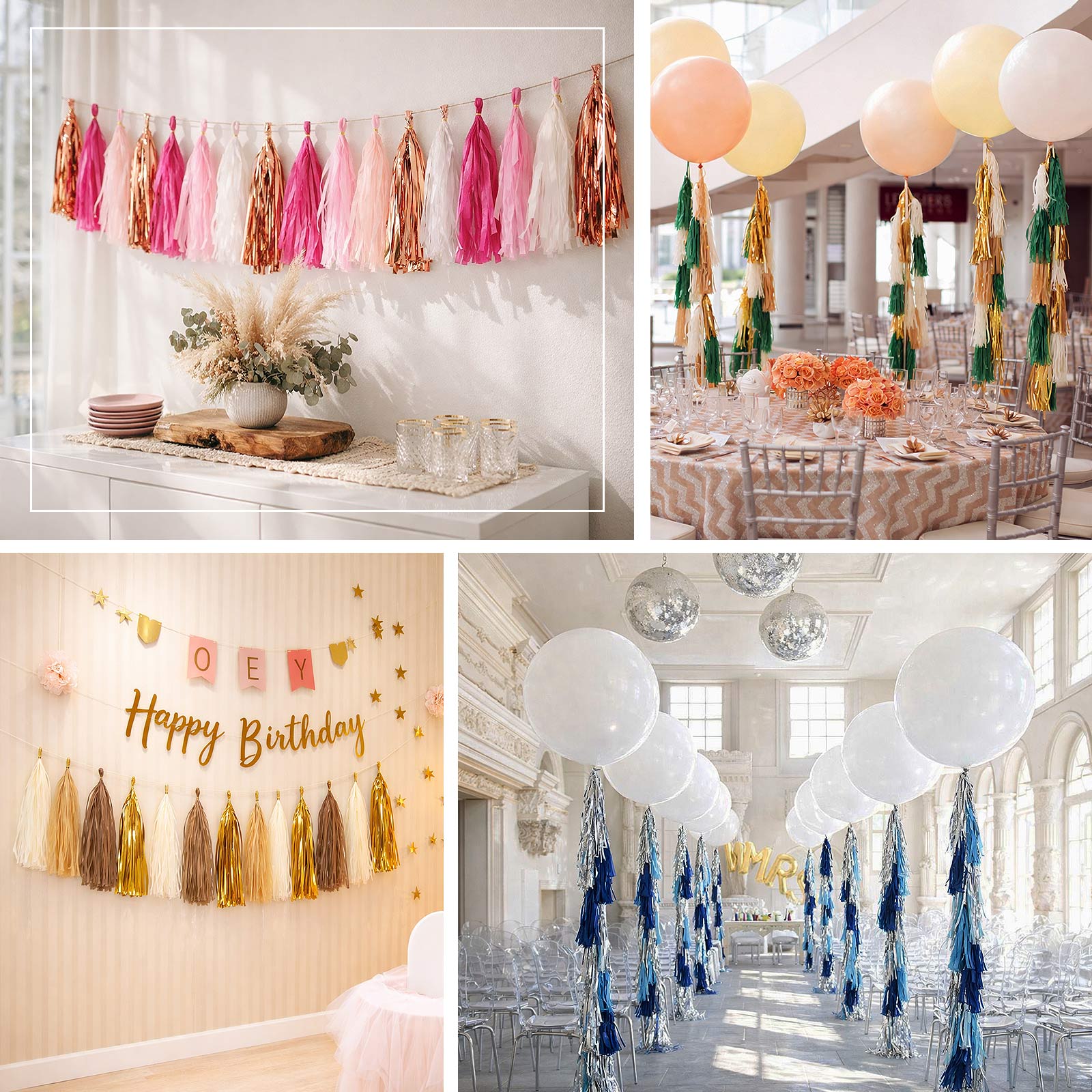 16 Pack Pre-Tied Foil Tassel Garland Party Decoration – Purple & Silver Paper Tassels with 10ft Hanging String - Image 5