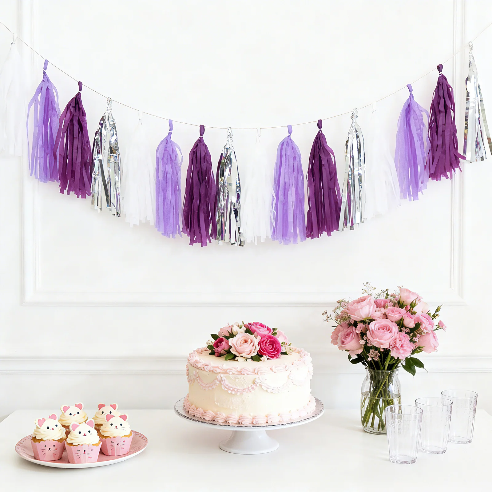 16 Pack Pre-Tied Foil Tassel Garland Party Decoration – Purple & Silver Paper Tassels with 10ft Hanging String - Image 6