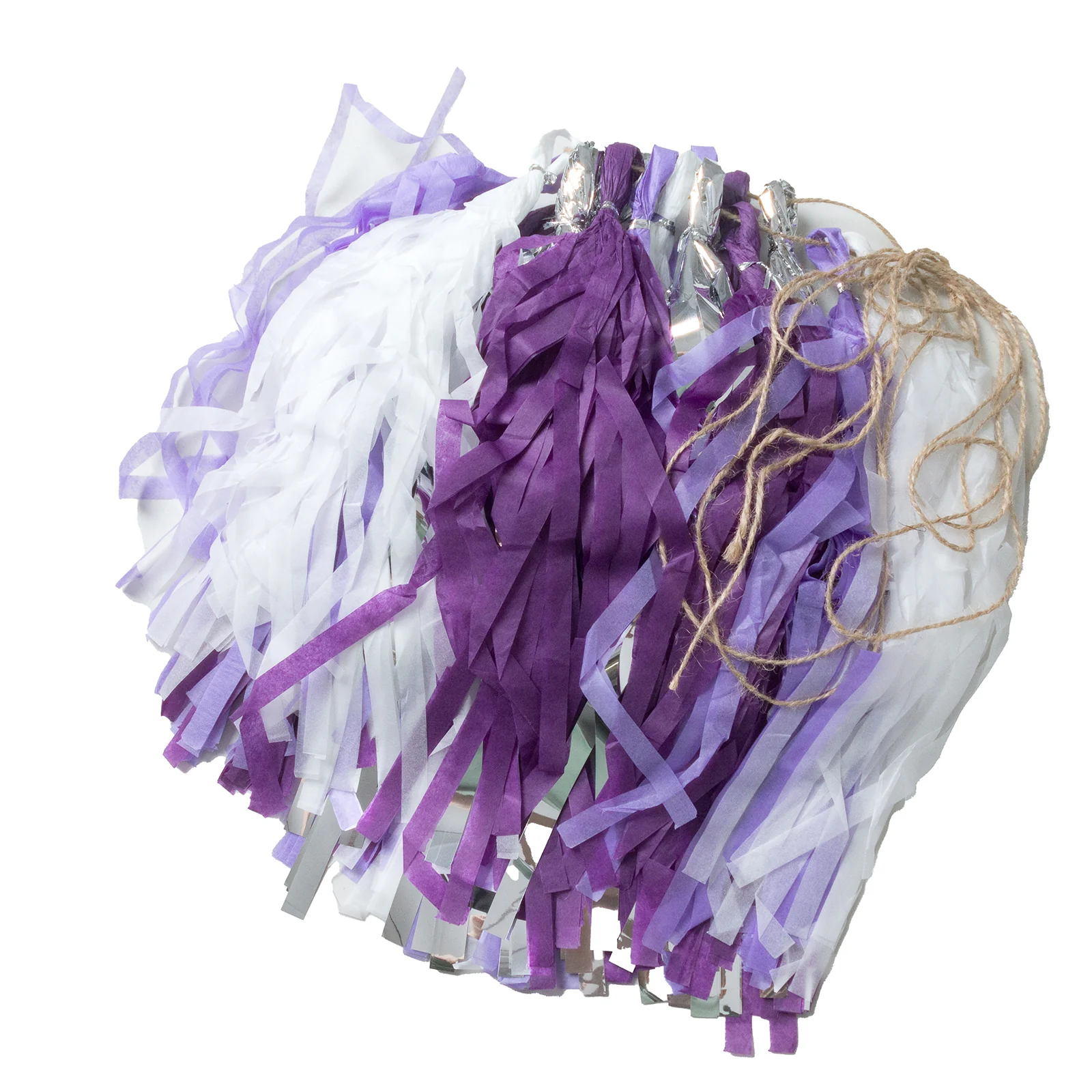 16 Pack Pre-Tied Foil Tassel Garland Party Decoration – Purple & Silver Paper Tassels with 10ft Hanging String - Image 8
