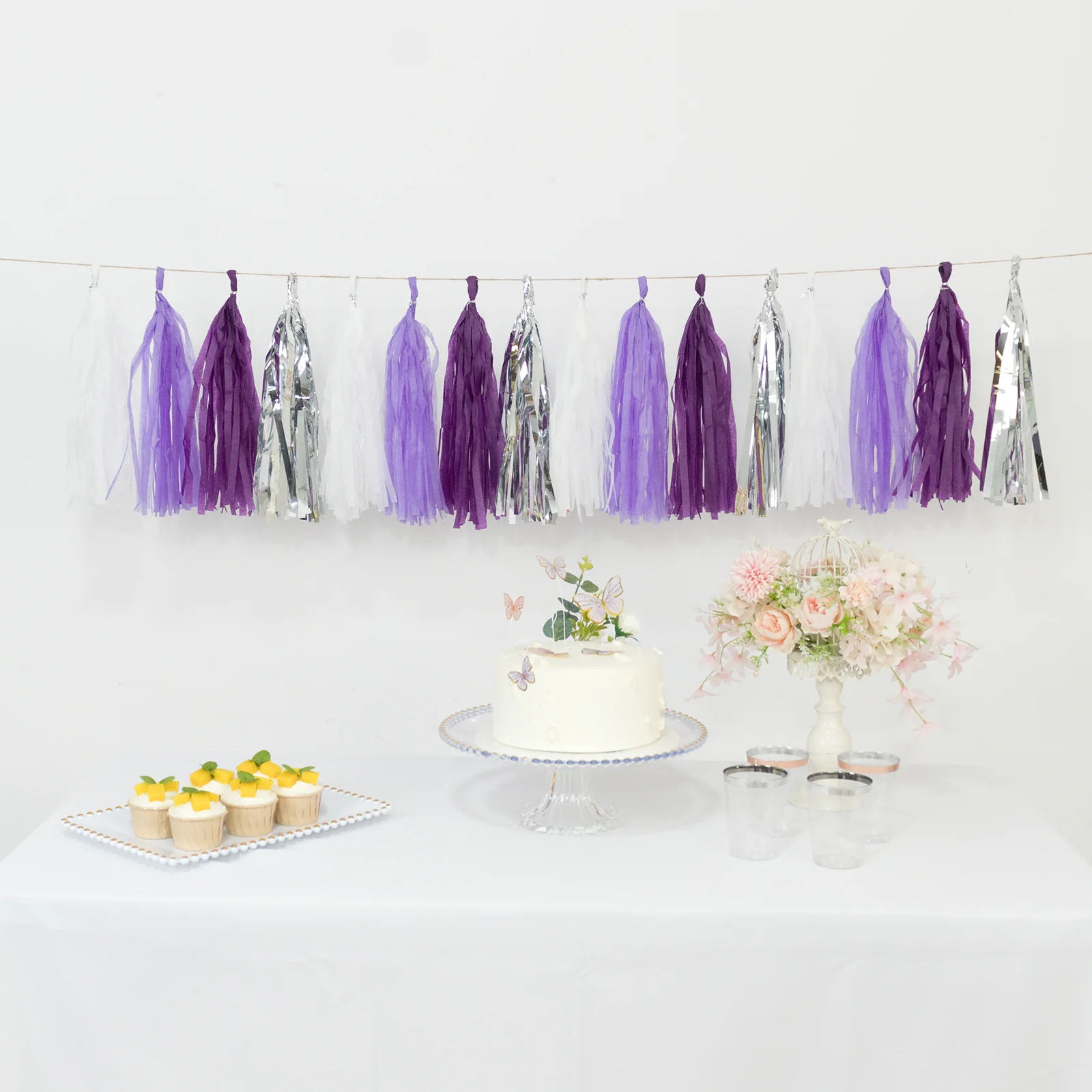 16 Pack Pre-Tied Foil Tassel Garland Party Decoration – Purple & Silver Paper Tassels with 10ft Hanging String - Image 9