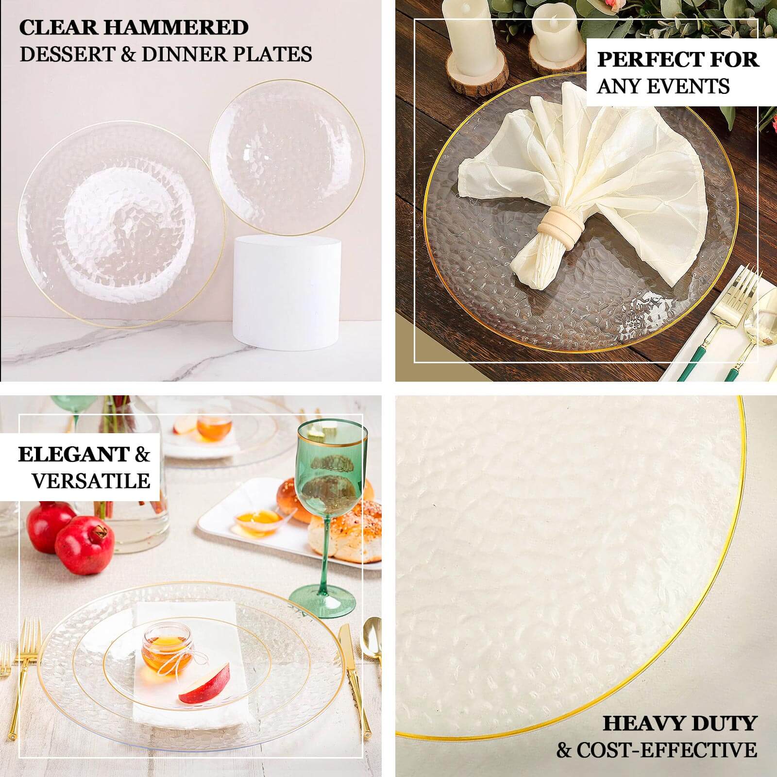 20 Pack Economy Plastic Charger Plates 13" Round Clear Hammered Design with Gold Rim - Event Tableware - Image 4