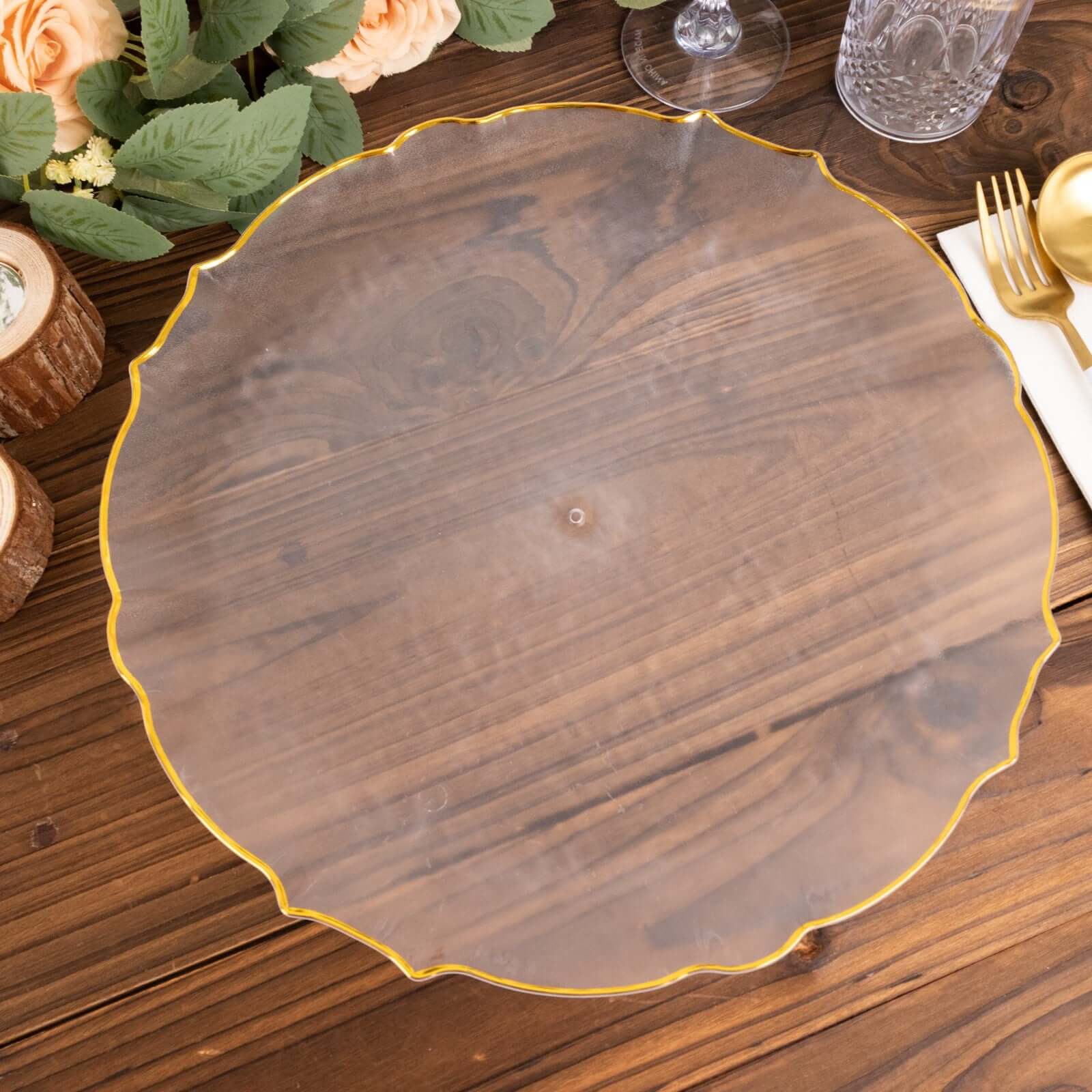 20 Pack Economy Plastic Charger Plates 13" Round Clear Sunflower Design with Gold Scalloped Rim - Event Tableware - Image 4
