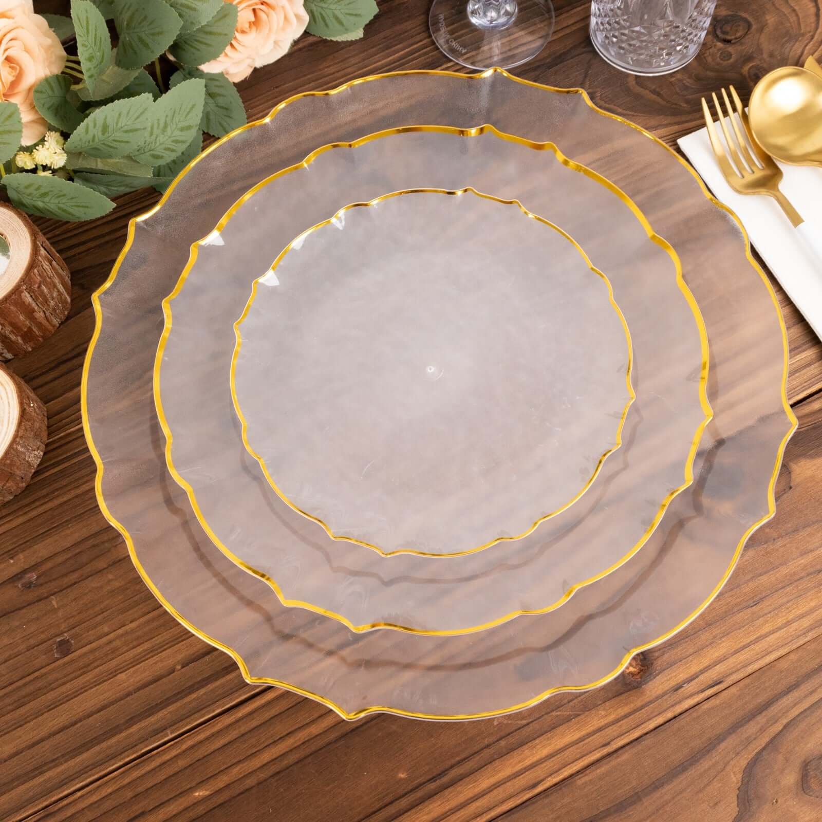 20 Pack Economy Plastic Charger Plates 13" Round Clear Sunflower Design with Gold Scalloped Rim - Event Tableware - Image 5