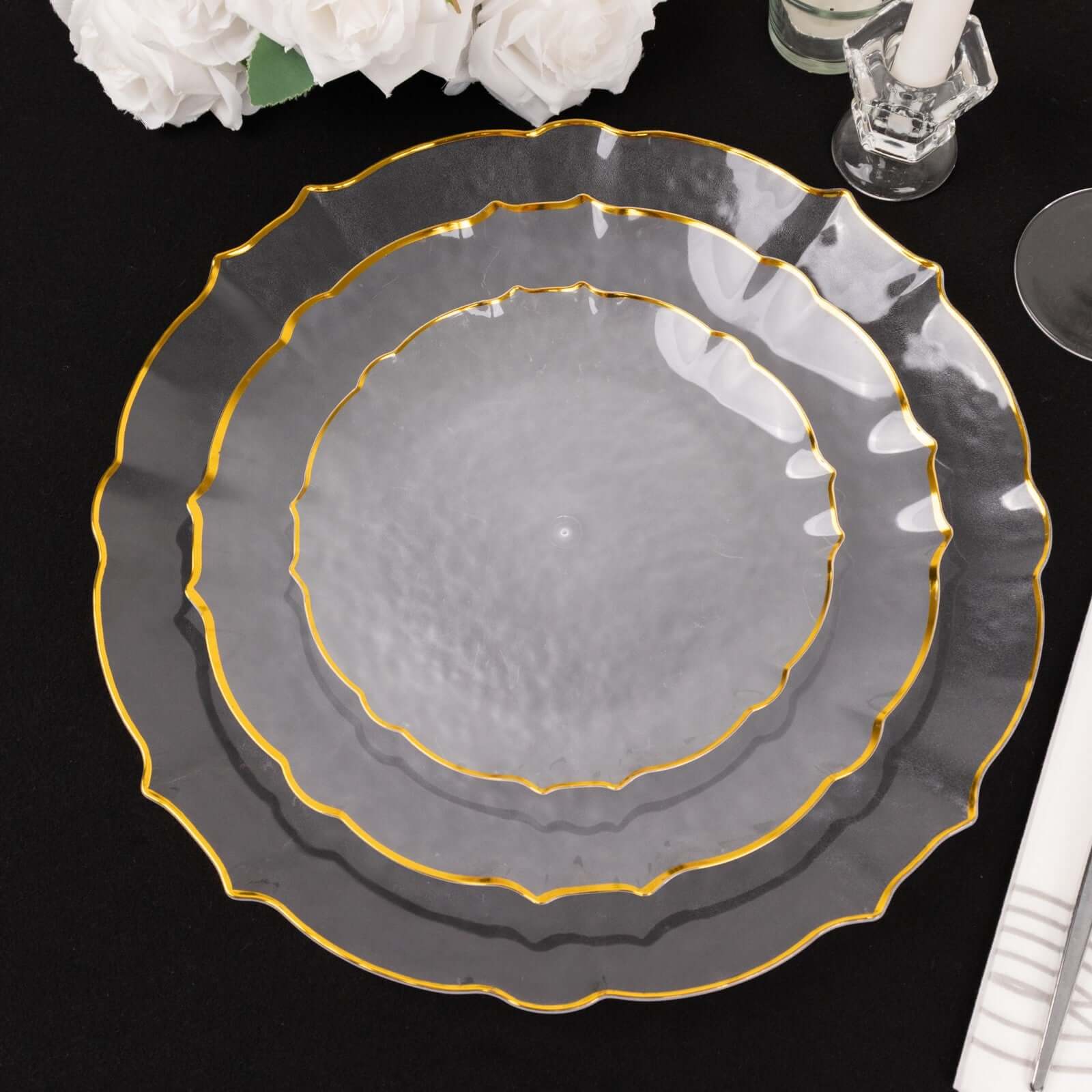 20 Pack Economy Plastic Charger Plates 13" Round Clear Sunflower Design with Gold Scalloped Rim - Event Tableware - Image 9