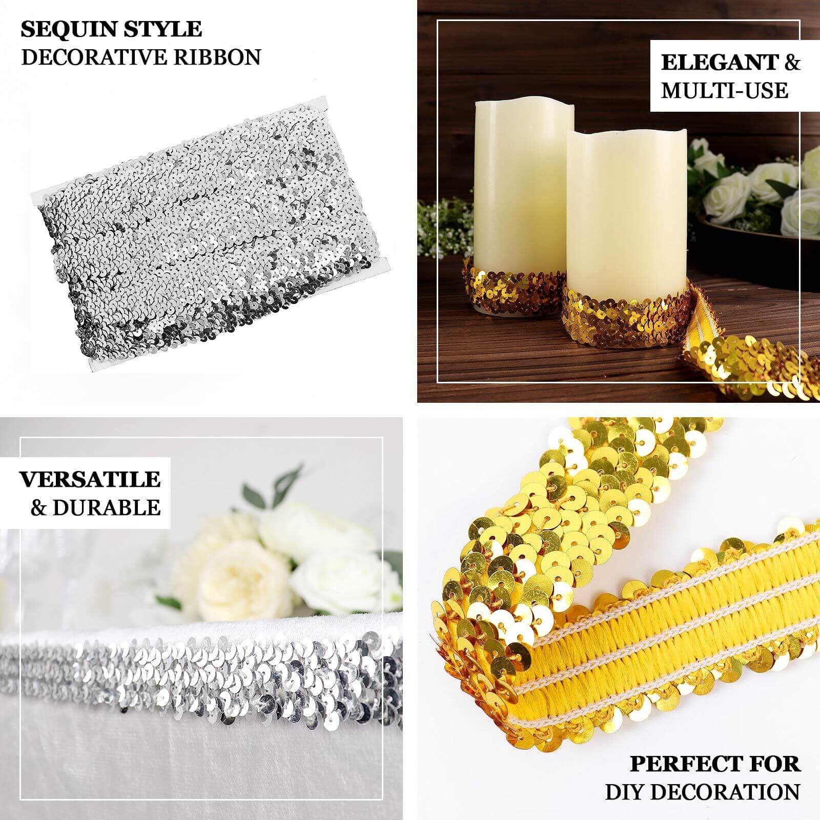 Metallic Silver Sequin Stretch Fabric Ribbon, Elastic Lace Trim, Shiny Glitter Craft Fabric 1"x10 Yards - Image 3