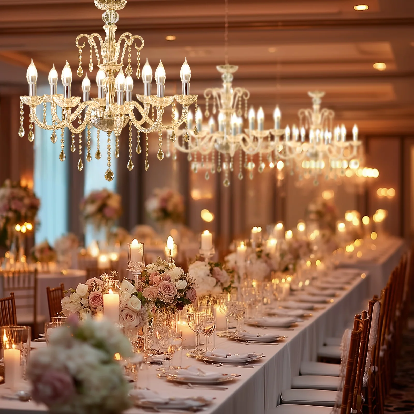 Crystal Chandelier with 10 LED Candle Bulbs – Silver 2-Tier Acrylic Ceiling Light Fixture with Decorative Upper Crystals for Dining Room or Entryway – 2.5ft