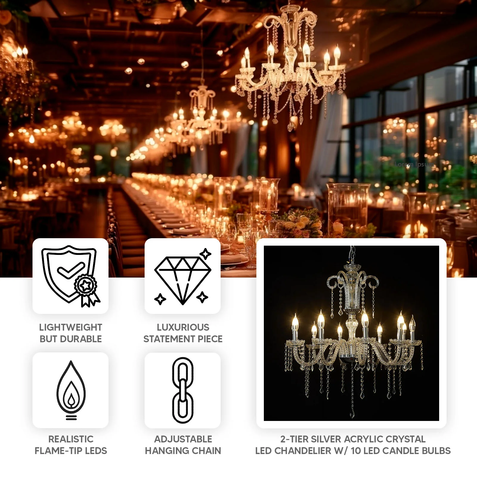 Crystal Chandelier with 10 LED Candle Bulbs – Silver 2-Tier Acrylic Ceiling Light Fixture with Decorative Upper Crystals for Dining Room or Entryway – 2.5ft - Image 3