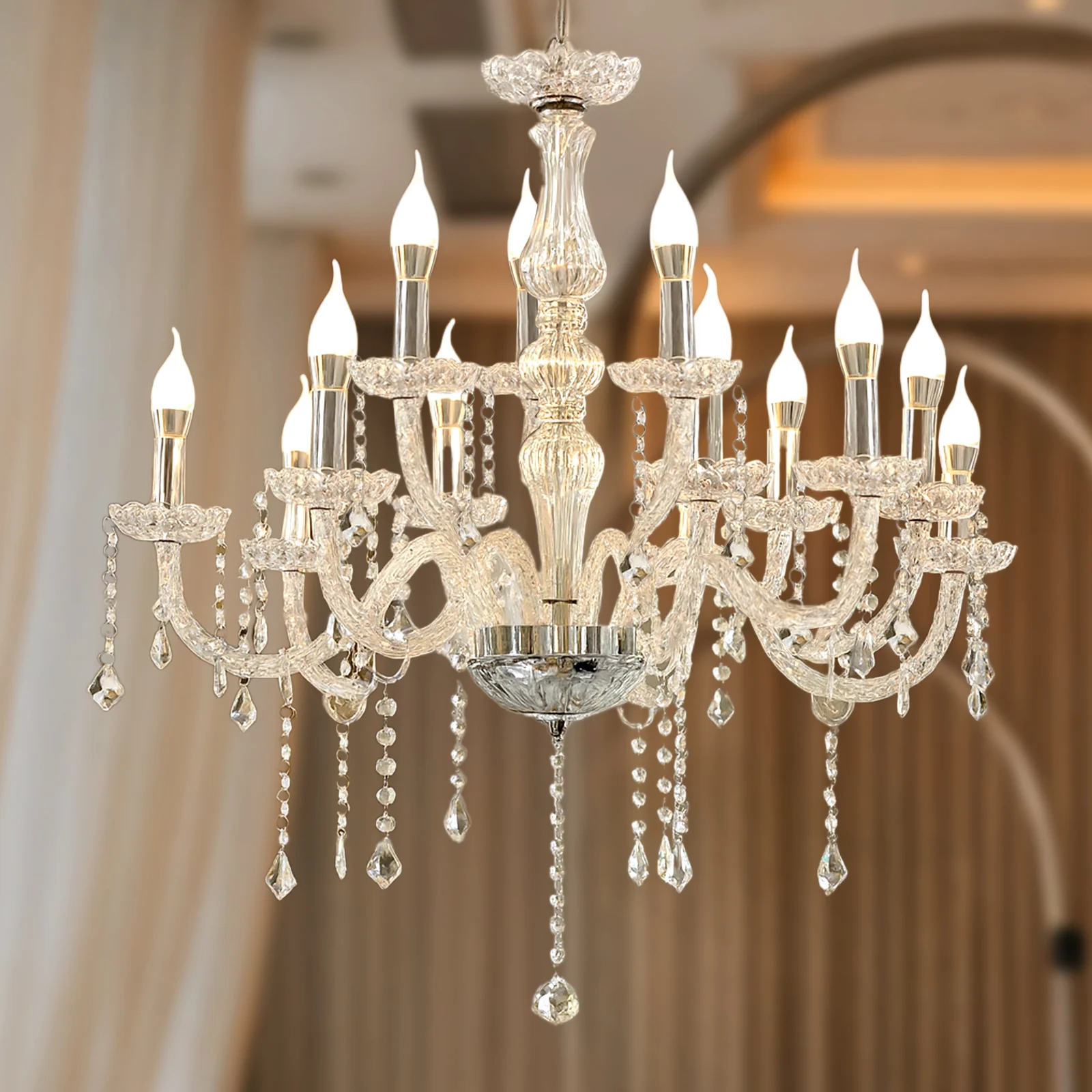 Crystal Chandelier with 15 LED Candle Bulbs – Silver 2-Tier Acrylic Ceiling Light Fixture with Illuminated Upper and Lower Layers for Dining Room or Entryway – 2.5ft - Image 2